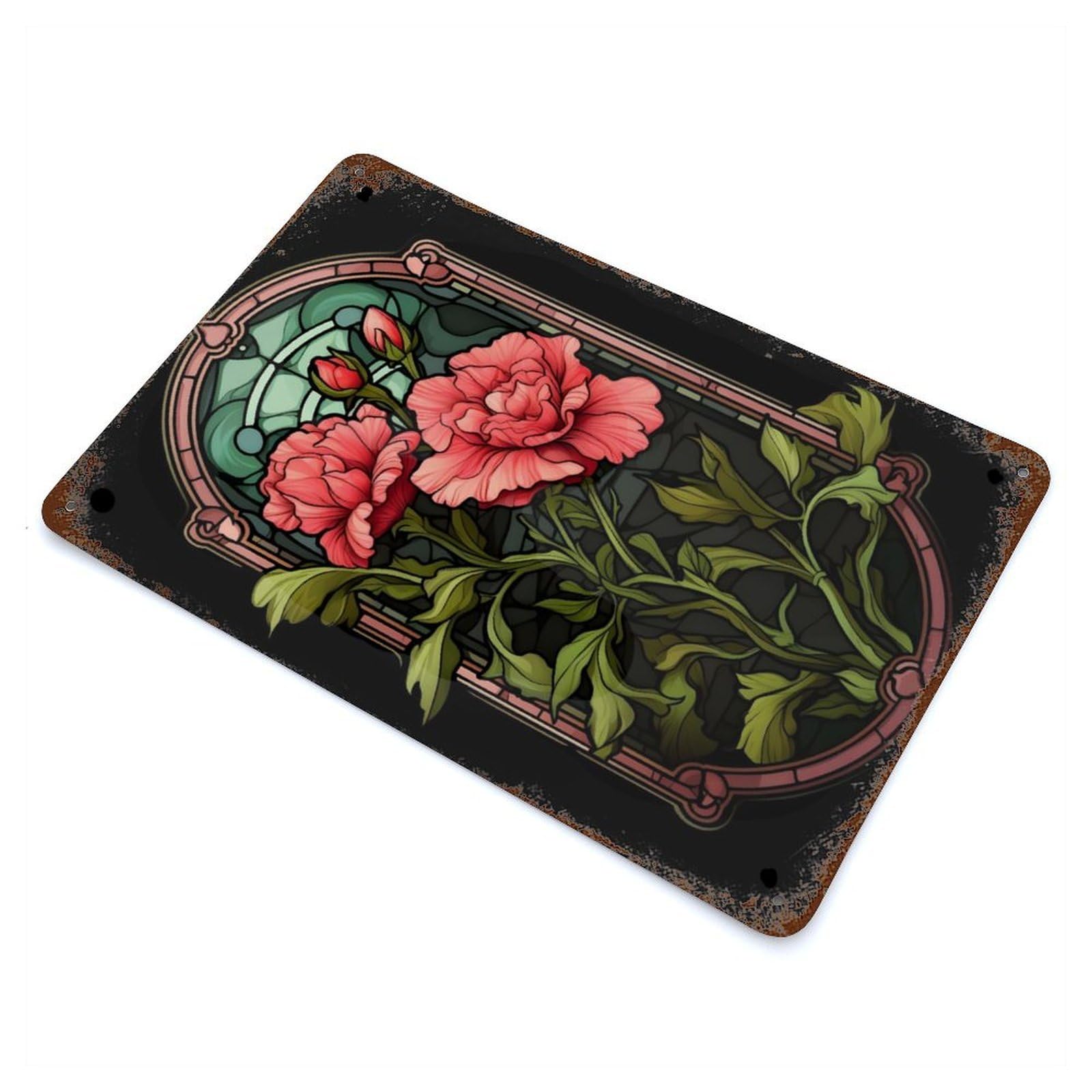 Stained Glass Carnation Rusty Metal Tin Sign 11.8"x7.9", Ideal for Farmhouse, Kitchen And Entryway Decor