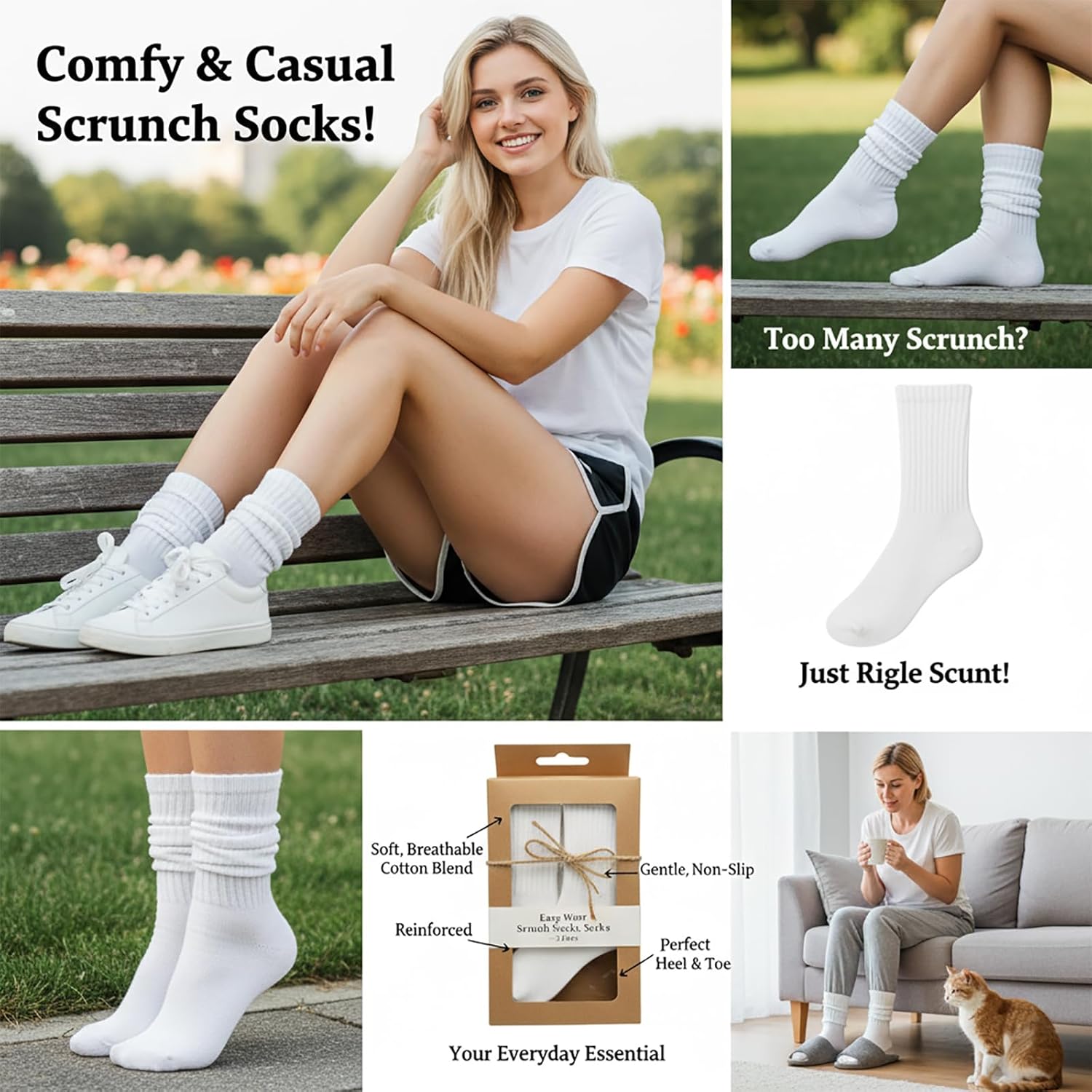 3 Pairs Cotton-Rich Slouch Socks for Women & Men | Thick 90s Vintage Scrunch Crew Socks - Image 7