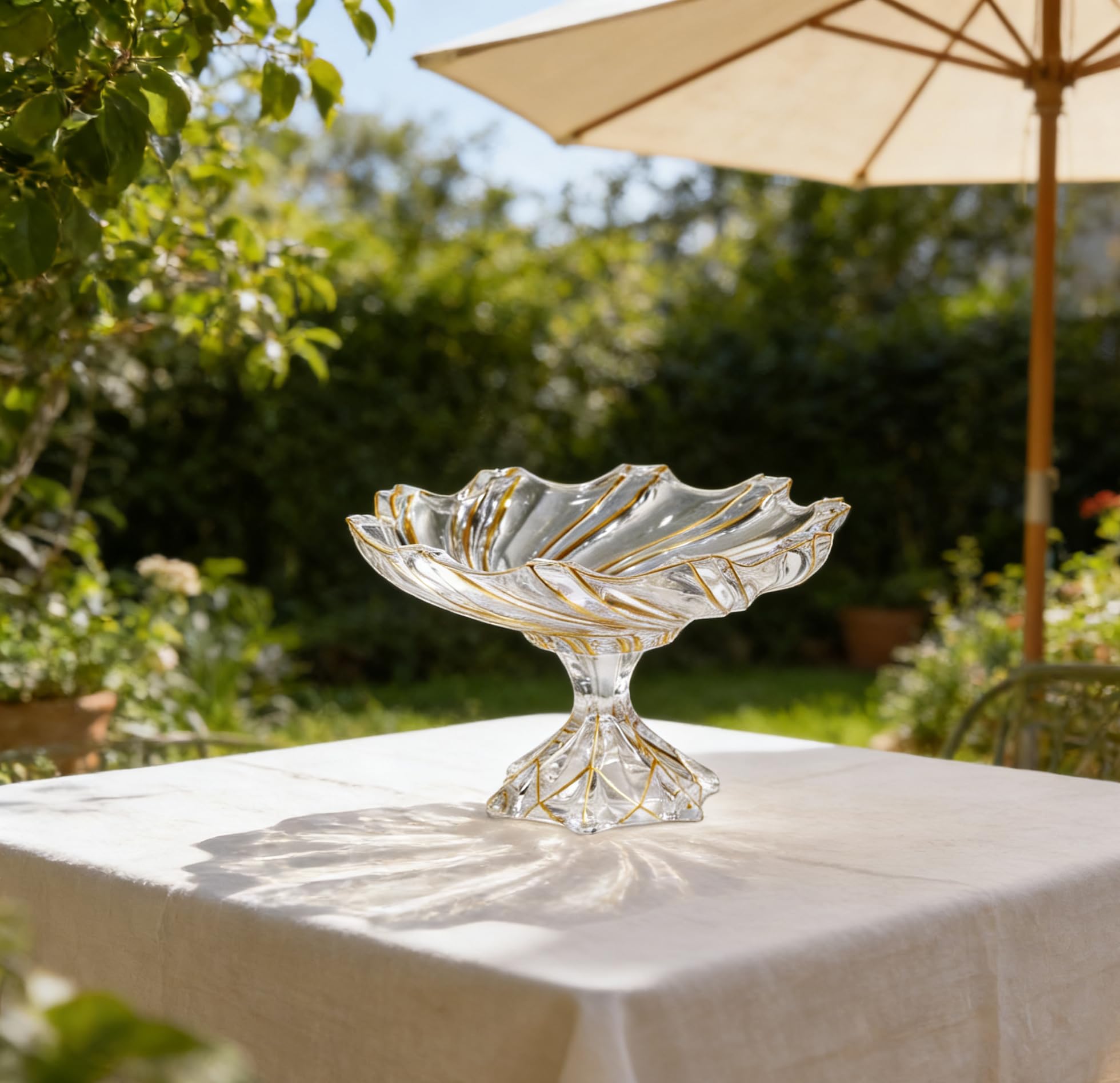 Grand bol décoratif en verre de cristal peint à la main en forme de tourbillon doré - 32 cm de diamètre - Bol en verre sur pied pour comptoir de cuisine et centre de table à manger