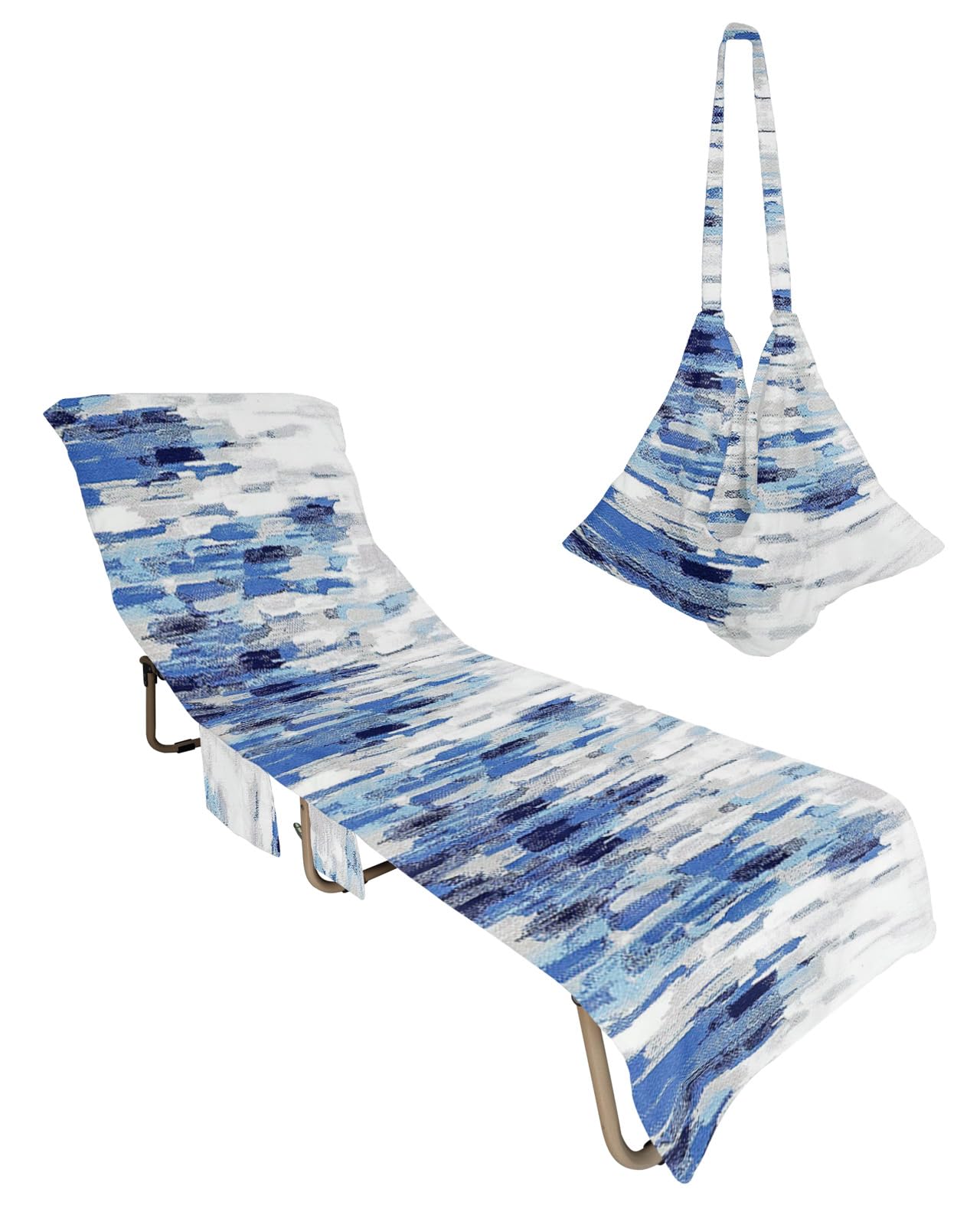 Blue Ombre Beach Lounge Chair Towel Cover, Soft Chaise Lounge Towel with Side Pockets Patio Pool Chairs Cover for Beach/Pool Sunbathing 29x85 Modern Oil Painting Abstract Art Aesthetics