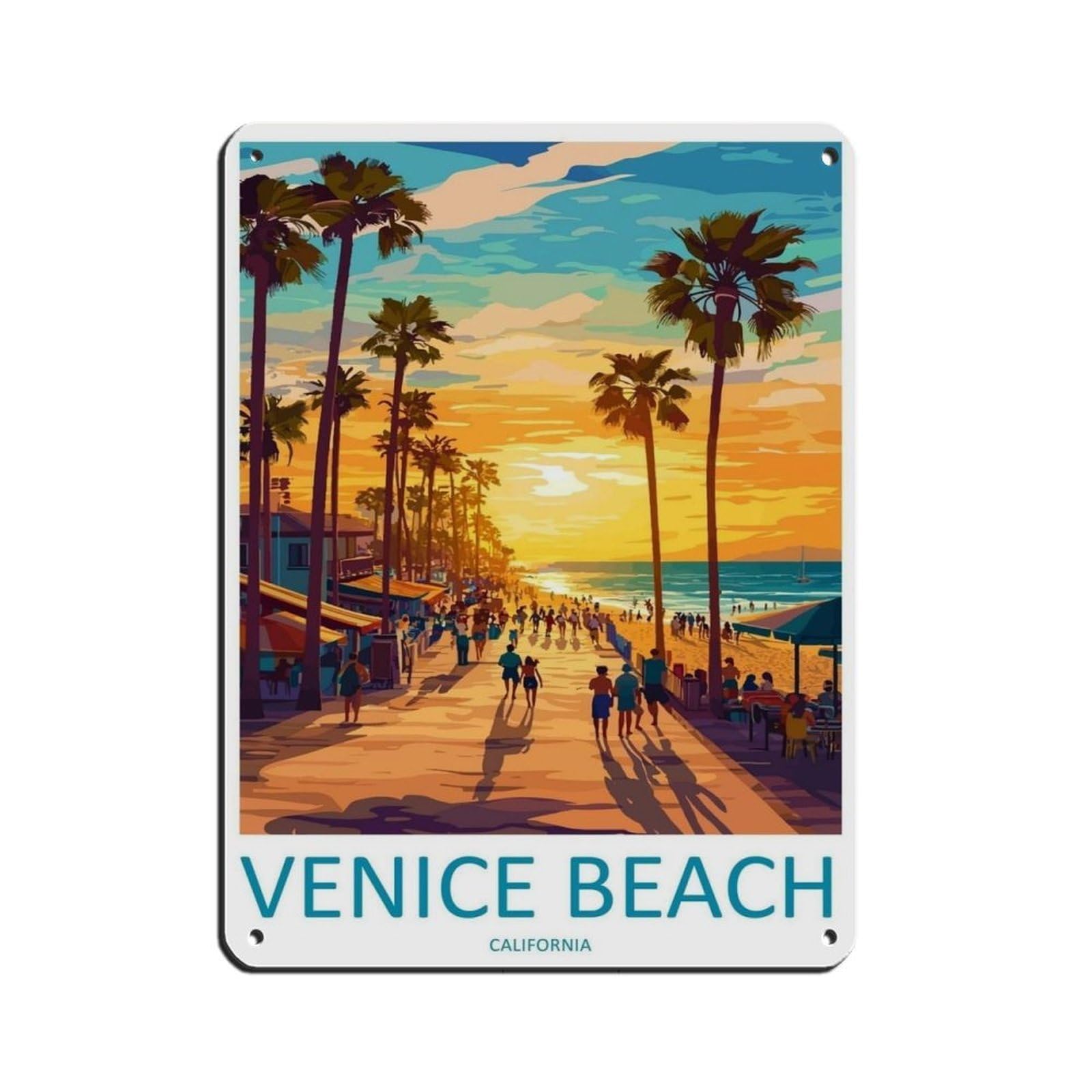 Venice Beach Travel California Art Coastal Poster Retro Poster Metal Tin Sign Chic Art Retro Iron Painting Bar People Cave Cafe Family Garage Poster Wall Decoration 12x16inch(30x40cm)