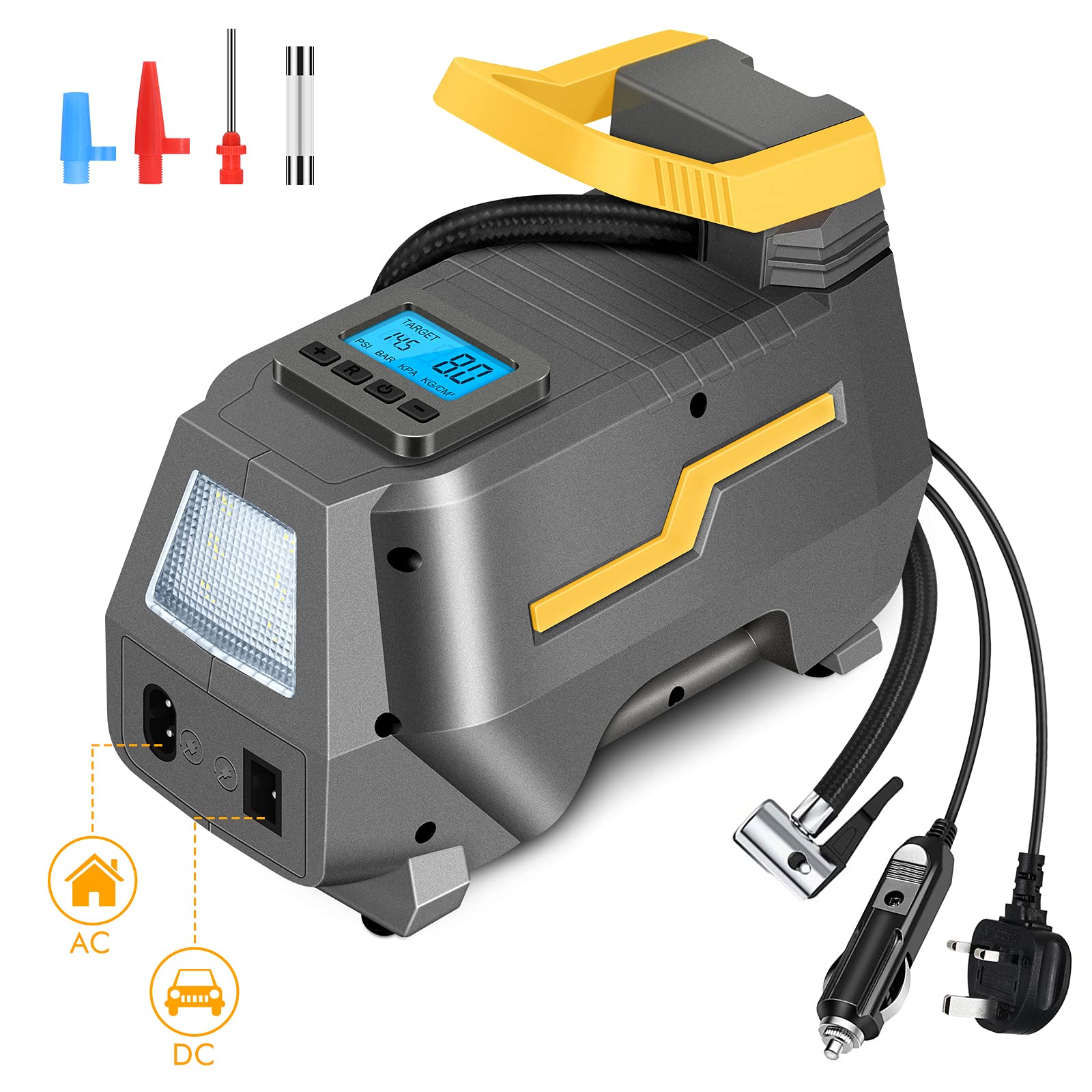 VEEAPE Portable Air Compressor, 12V 240V Tyre Inflator 150PSI AC/DC