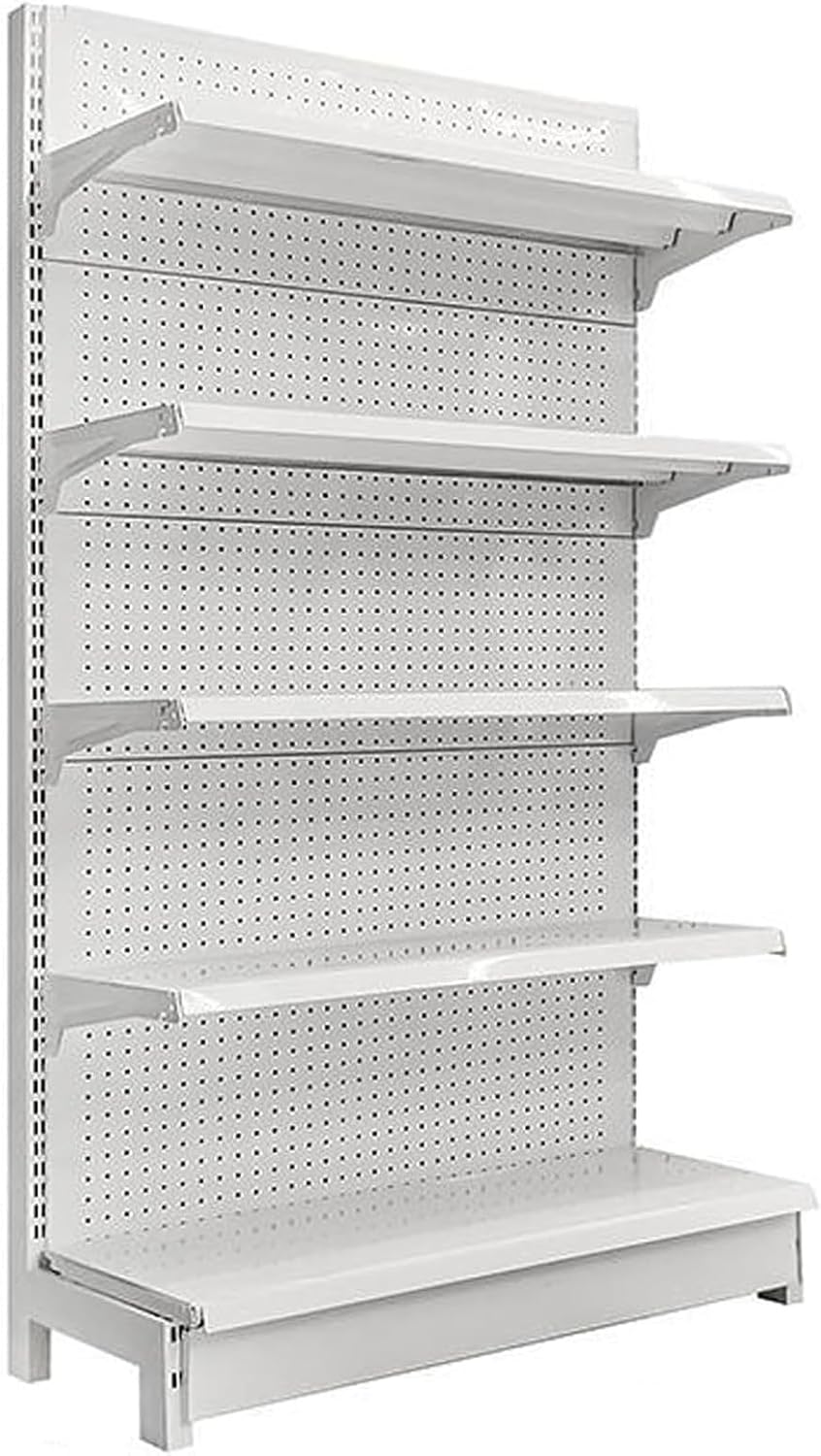 Gondola Shelving with 20 Hooks, Supermarket Shelves Shelves Retail Gondola Shelving Wall Display Rack, 5 Shelf Snack Racks for Retail Convenience for Home,Commercial(White,L93xH135cm)