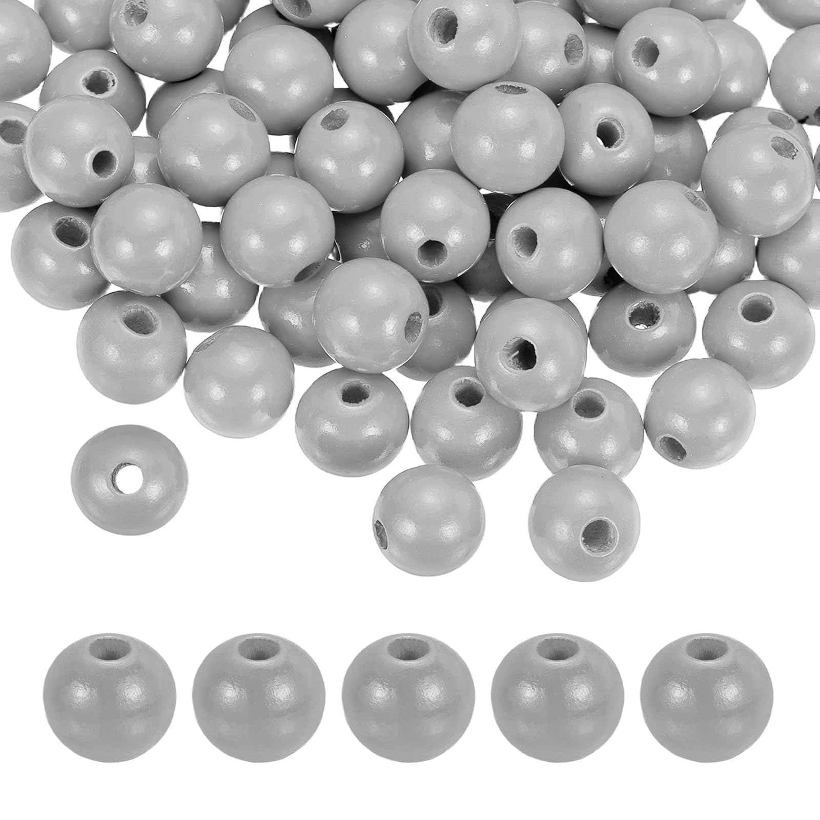 sourcing map 100pcs Light Gray Colored Wooden Beads 16mm Dia. 4.3mm Hole Large Round Natural Dyed Wood Loose Spacer Ball Bulk for DIY Bead Crafts Making Home Decor