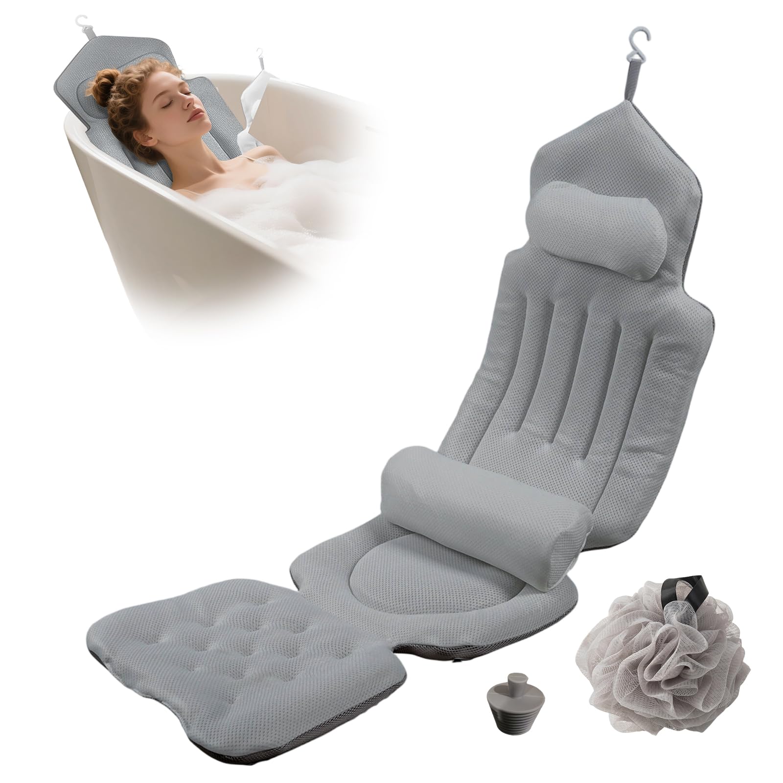Almohada de baño de cuerpo completo con reposacabezas, soporte lumbar extraíble y 192 ventosas, inserto antideslizante para bañera, cojín de malla de secado rápido, respetuoso con la piel, lavable a