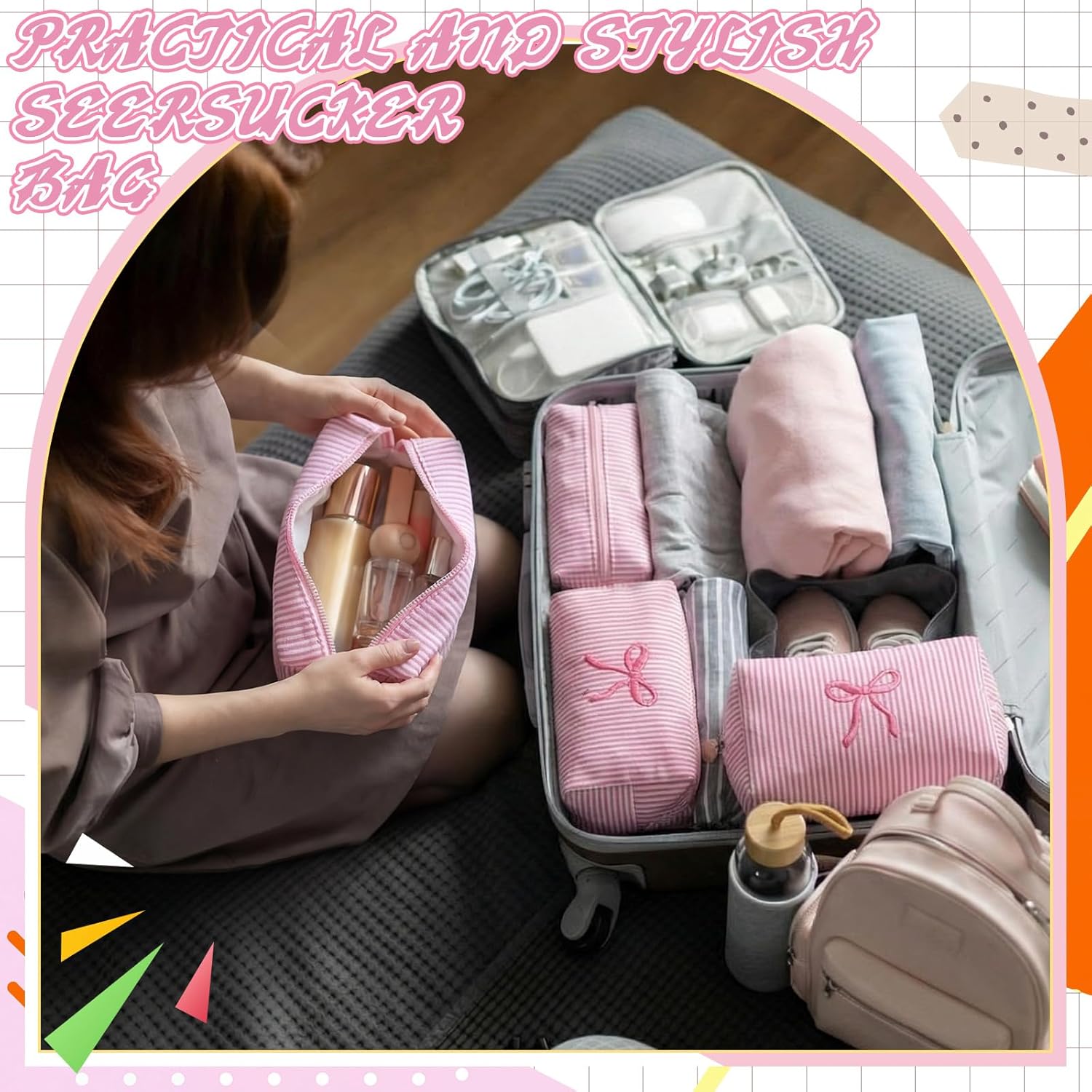 12 Pcs Pink Bow Seersucker Cosmetic Bags Bulk Seersucker Makeup Bags Stripe Women Pouch Large Preppy Storage Pouch Toiletry Travel Organizer for Party Favor
