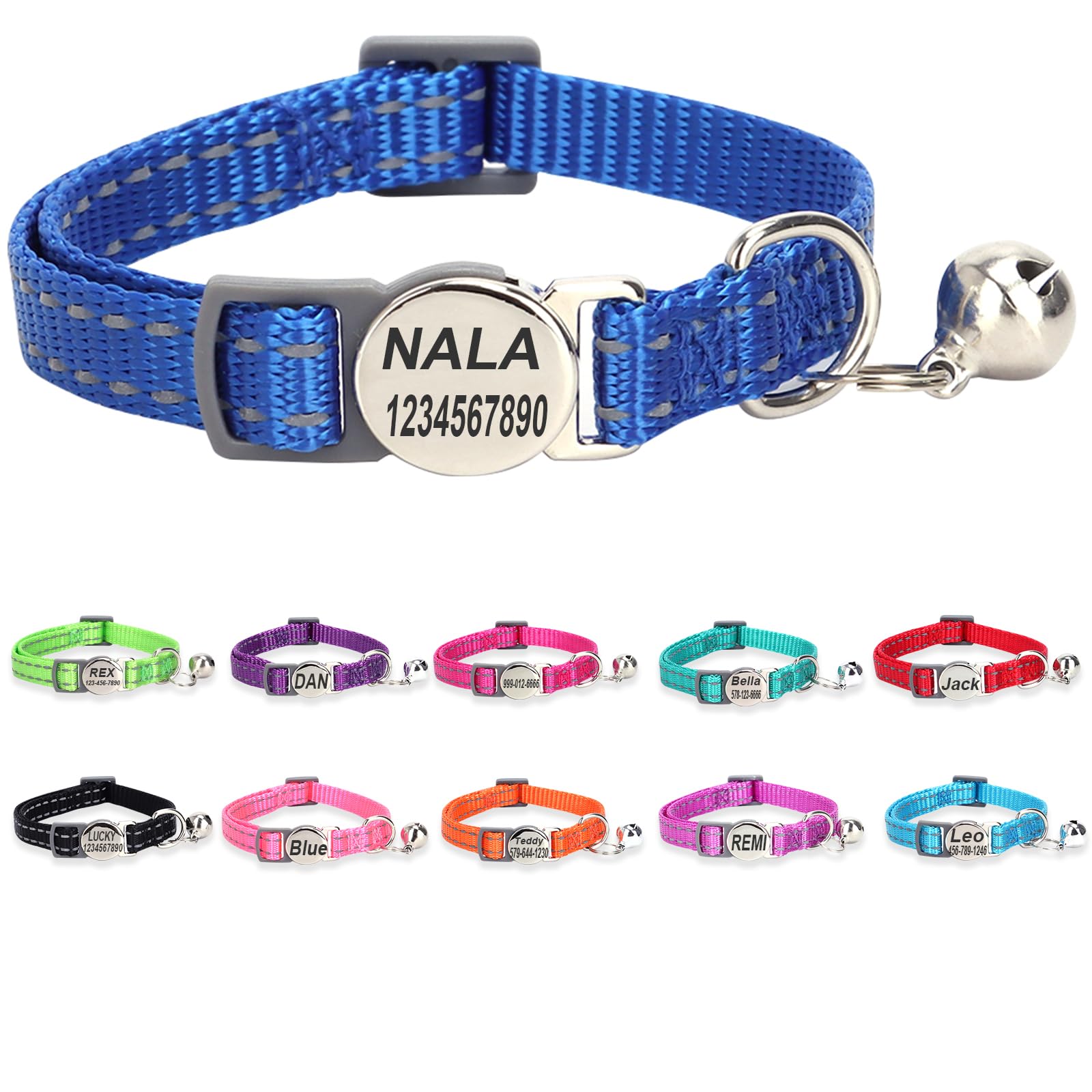 Engraved Personalized Cat Collar,Breakaway Safety Release Buckle,Reflective Collars with ID Name Tag,Adjustable Collar with Bell for Puppy Kitten Cat,Blue (7.5''-12.0'') — image 1