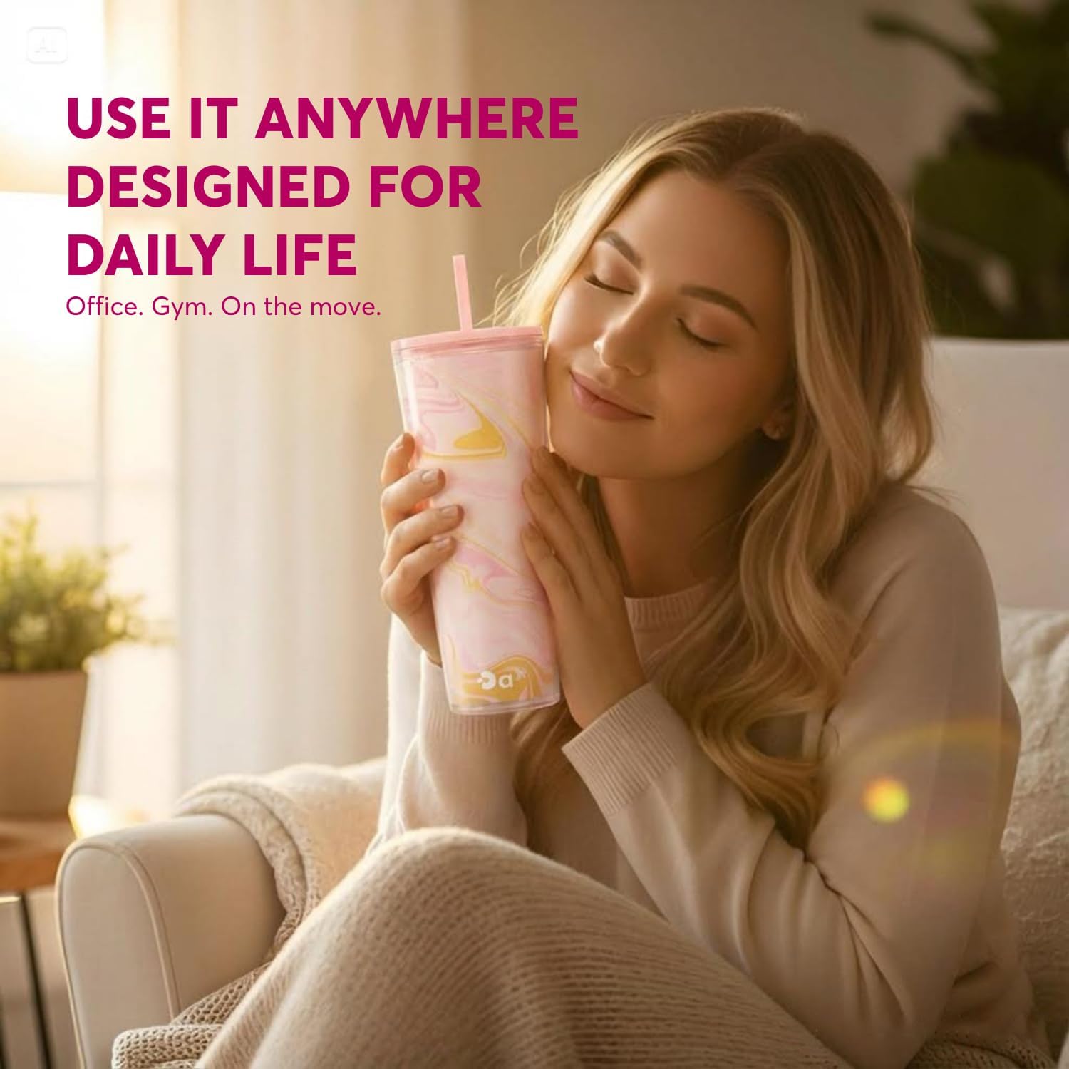 DA Plastic Tumbler With Lid And Straw, Double Wall Design, Leak Resistant Reusable BPA Free Travel Cup For Iced Coffee And Smoothies, 24oz (Marble Pink Orange) - Image 8