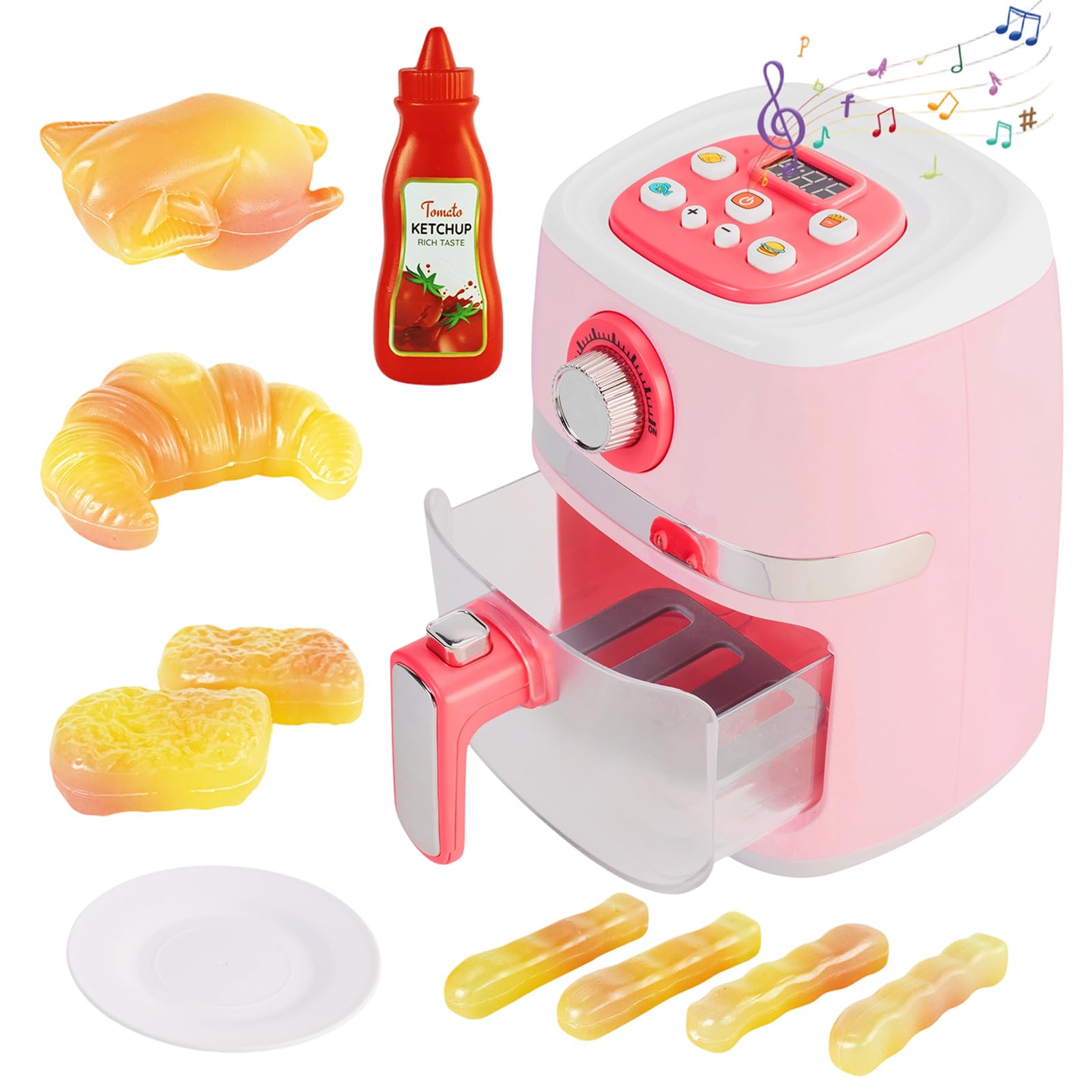 Pretend Kitchen Appliances Set with Toy Air Fryer for Kids, Pink | Play Kitchen Accessories with Sound and Lighting, Color-Changing Play Food, Birthday Gift for Boys and Girls Ages 3-5 4-8