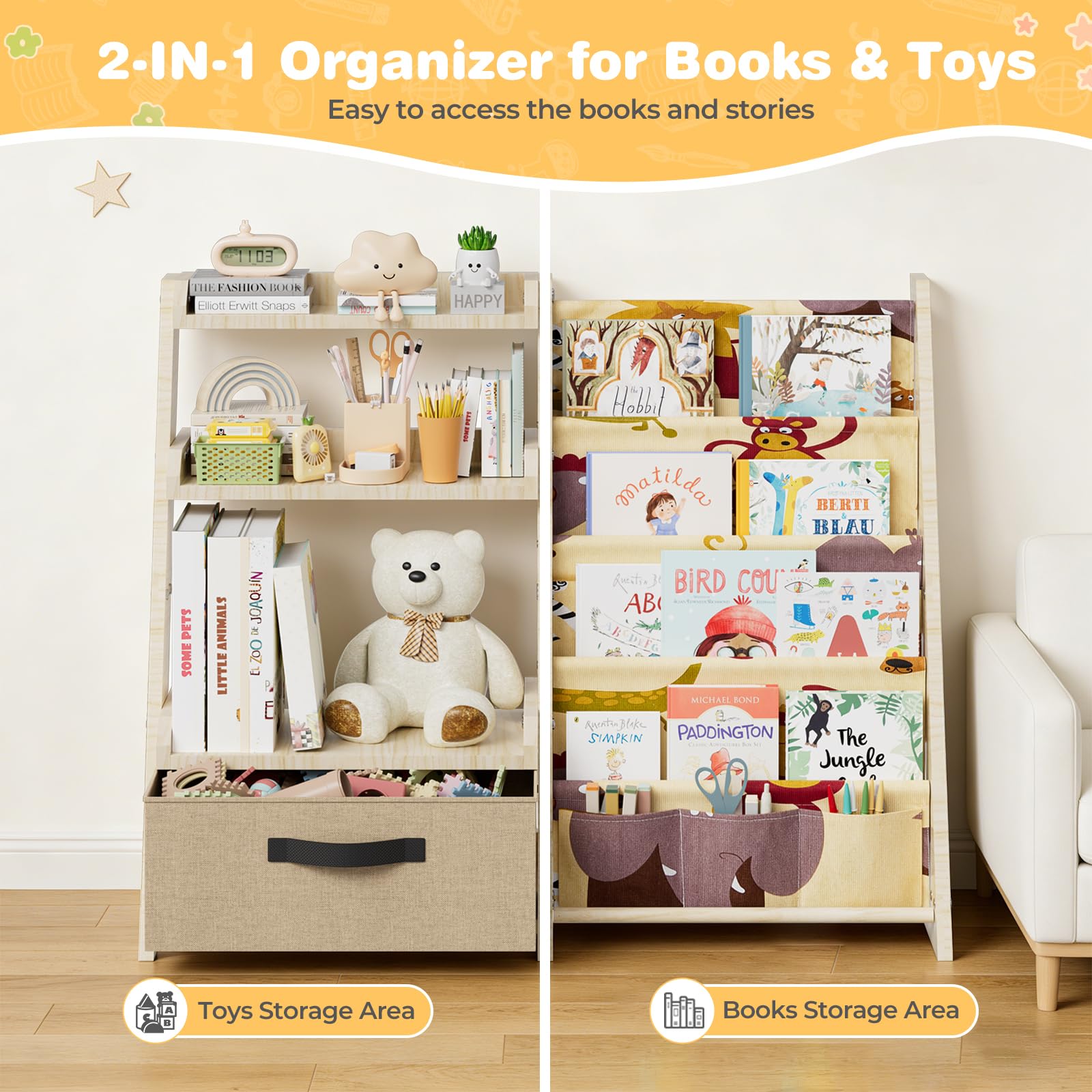 Scaffale per bambini con organizer per giocattoli 2 in 1 – Libreria in legno e tessuto con 4 scomparti, cassetto e tasche portapenne, scaffale sicuro per bambini, altezza 68 cm, per cameretta dei