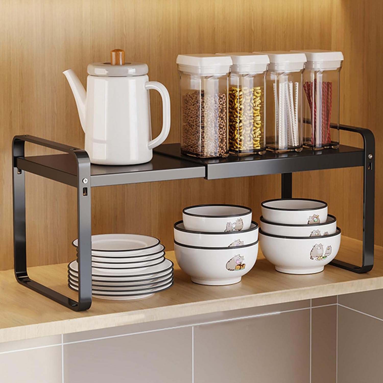 Expandable Cabinet Shelf, Lengths Adjustable Shelf Organizer Riser, Metal Space-Saving Cupboard Organizers for Kitchen Cabinet Pantry Cupboard Under Sink Countertop, Black