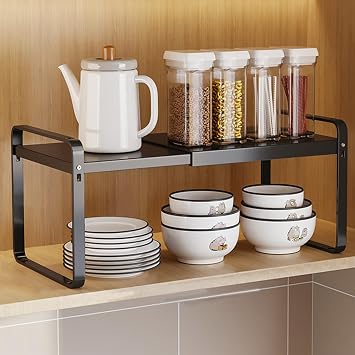 Expandable Cabinet Shelf, Lengths Adjustable Shelf Organizer Riser, Metal Space-Saving Cupboard Organizers for Kitchen Cabinet Pantry Cupboard Under Sink Countertop, Black