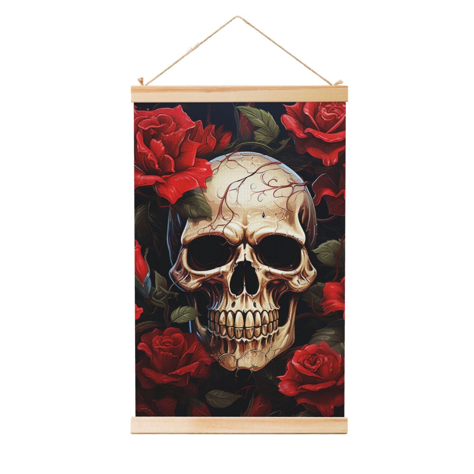 Skull Rose-Red Poster Wooden Shaft Hanging Poster Wall Hanging Banner Canvas Artwork with Wood Frames 12"x18" Modern Artwork Decor Ready to Hang Wall Art for Home Decor Scroll Painting