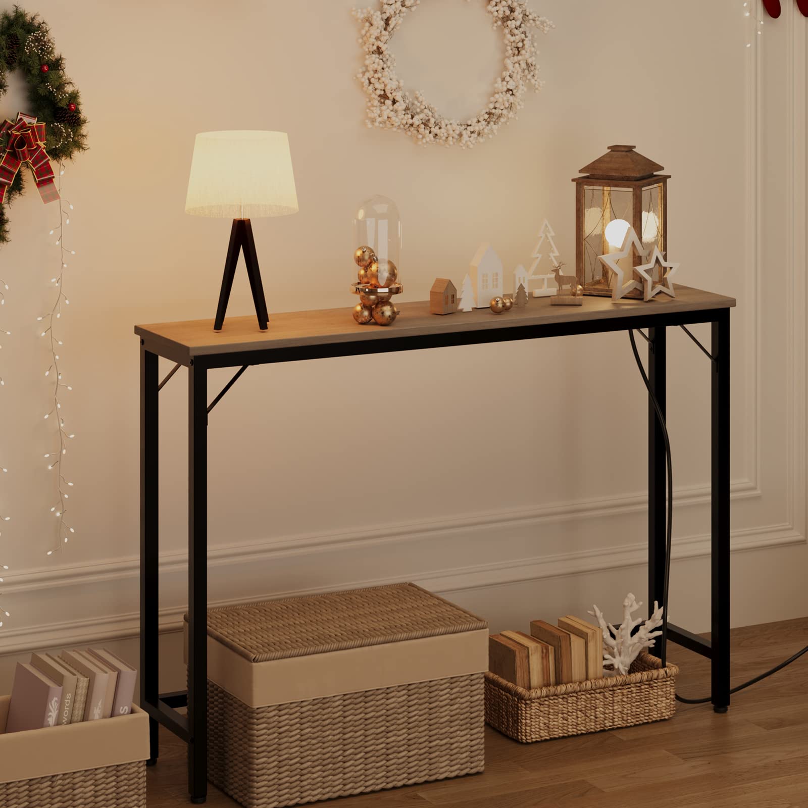 Litake Schmal Konsolentisch mit Steckdose und USB-Anschluss, 100 x 23 x 80 cm Beistelltisch Flurtisch Kleiner Ausstellungstisch Sofatisch Vintagebraun-schwarz ür Flur, Foyer, Wohnzimmer, Vintage Grau