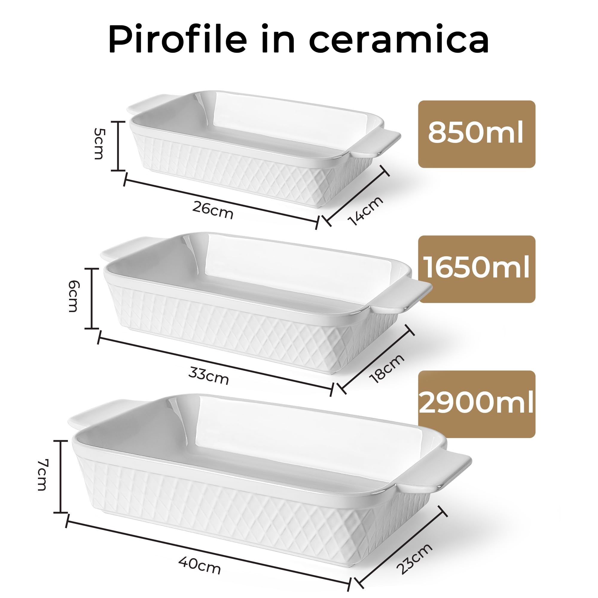 MIAMIO - Set di 3 casseruole/teglie/pirofile rettangolari in ceramica, set di pentole impilabili a 3 pezzi, 850 ml, 1650 ml, 2900 ml - Lavabile in lavastoviglie e in forno - Collezione Palmanova