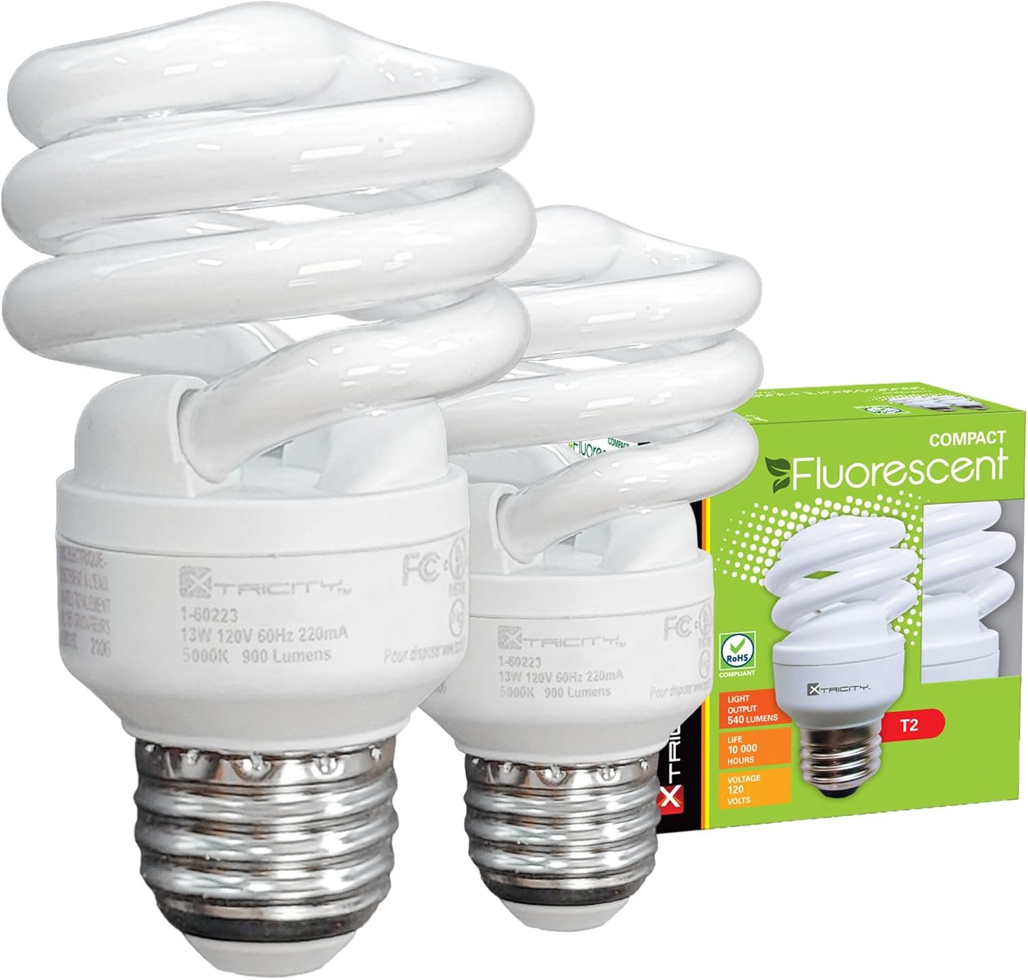 Xtricity Compact Fluorescent Light Bulb T2 Spiral, E26 Base (2 Pack)