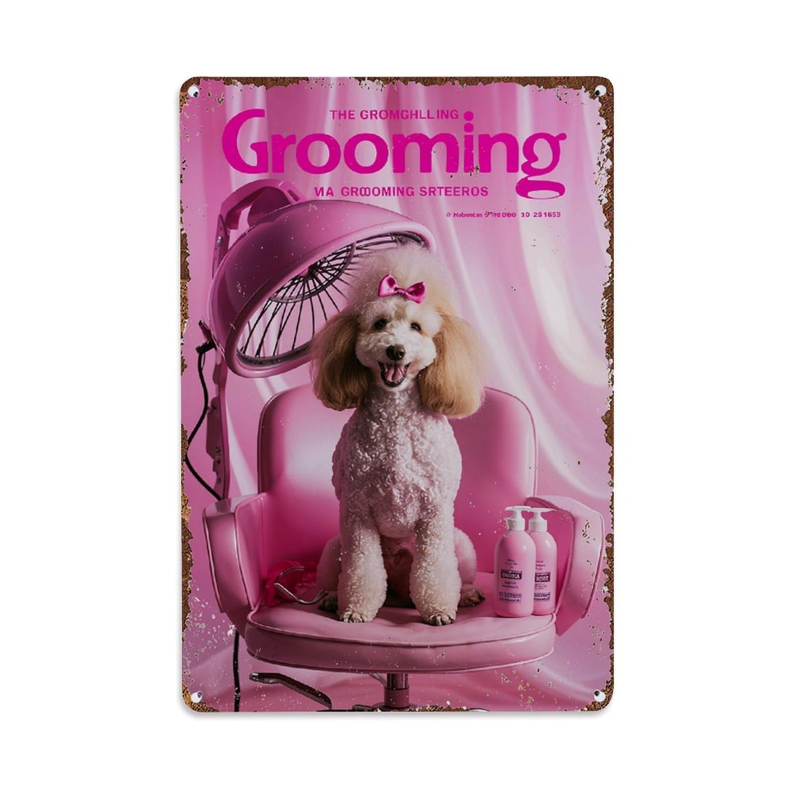 Jdfenggu Vintage Pink Dog Grooming Chair Hairdryer Retro Metal Tin Sign, Decor Art Poster For Bar, Home, Man Cave, Kitchen, Laundry Room Gift 8X12inch