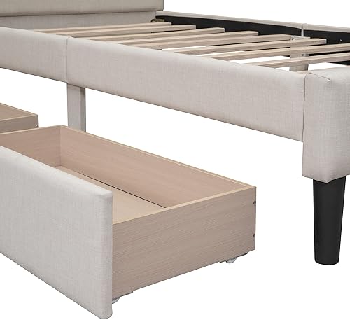 Miniatura 9 de Harper & Bright Designs Cama tapizada individual con cajones de almacenamiento y cabecero, base de cama tapizada de lino con listones de madera, no