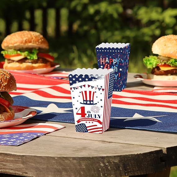 RUSTAMM 12 Pcs Independence Day Theme Party Popcorn Packing Box Candy Snacks Cookie Gift for 4th of July Holiday Party Decors