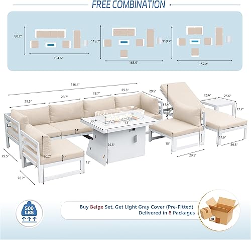 Miniatura 187 de NICESOUL 7 Piece White Powder-Coated Aluminum Patio Furniture with Fire Pit Table, 29 Inch Extra Wide Outdoor Sectional Sofa for 6, High-End Heavy