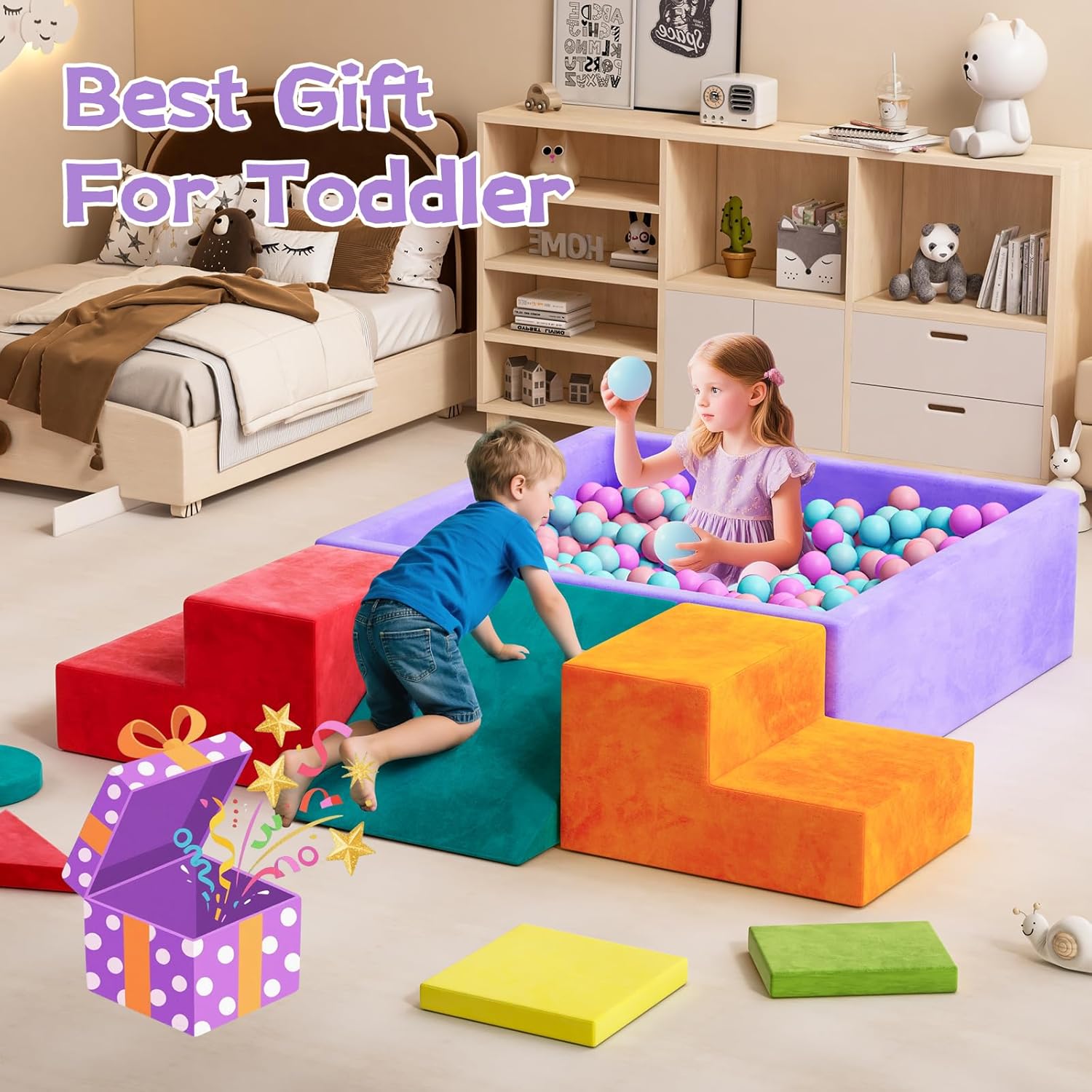 8-Piece Foam Climbing Blocks with Ball Pit for Toddlers 1-3, Soft Play Toddler Climbing Toys Indoor, Indoor Foam Blocks for Toddlers 1-3 Inside with Square Ball Pit, Steps, Triangle Ramp, Shape Mats B