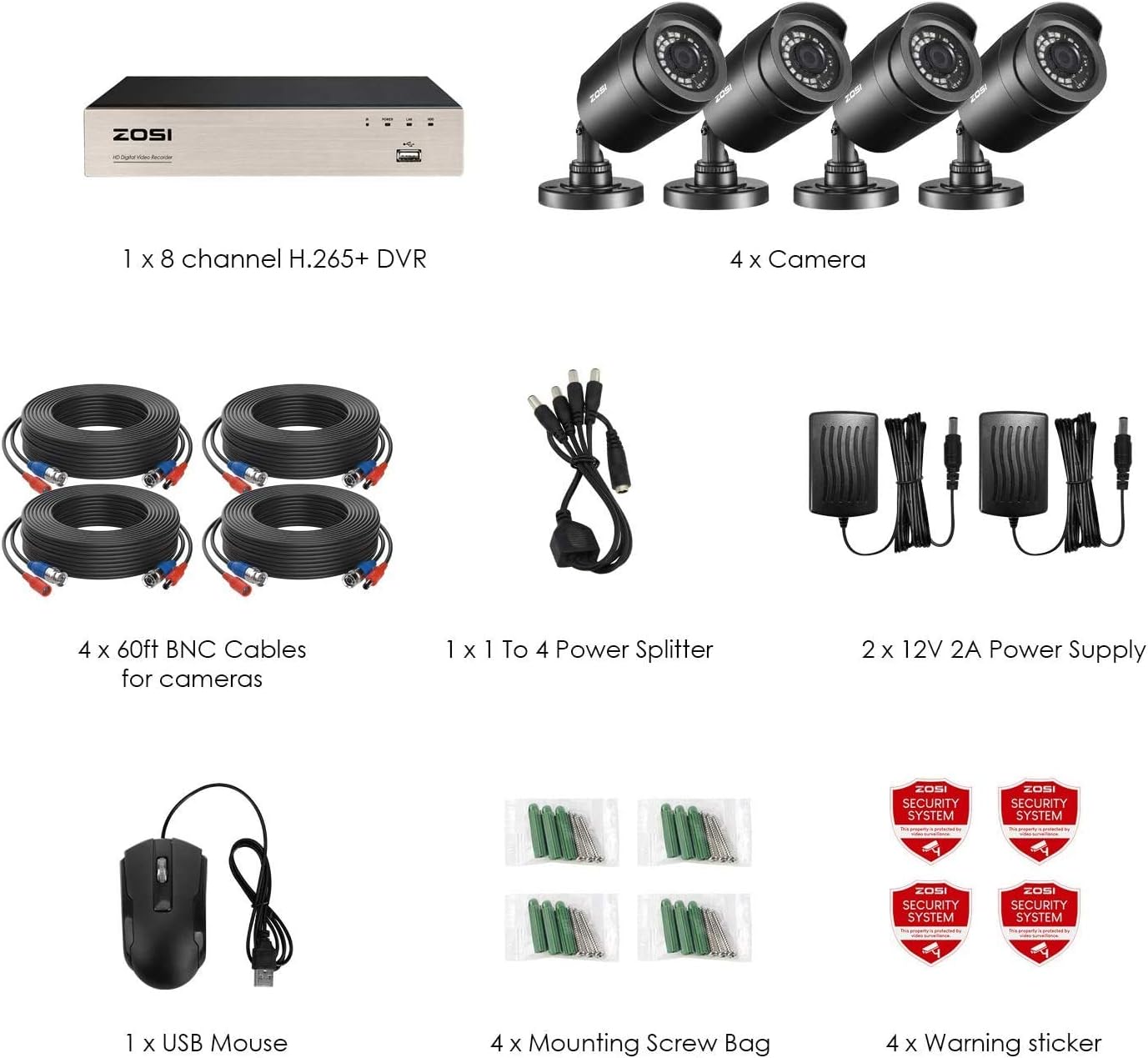 ZOSI Security Cameras System Outdoor H.265+ 8CH 4-in-1 5MP Lite CCTV DVR Recorder and (4) x1080P 1920TVL HD Weatherproof Surveillance Cameras with Night Vision, No Hard Drive (Renewed)