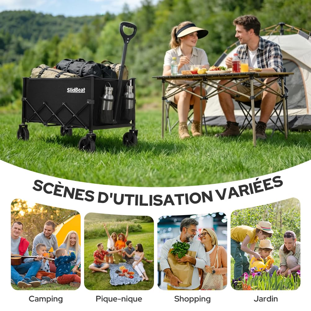 SLIDBEAT Chariot Pliable et Léger - 120L Capacité, pour Camping Courses Jardin Peche, Chariot de Transport Tout Terrain avec Roues 360° Démontables et Toile Lavable (2 Porte-Gobelets)