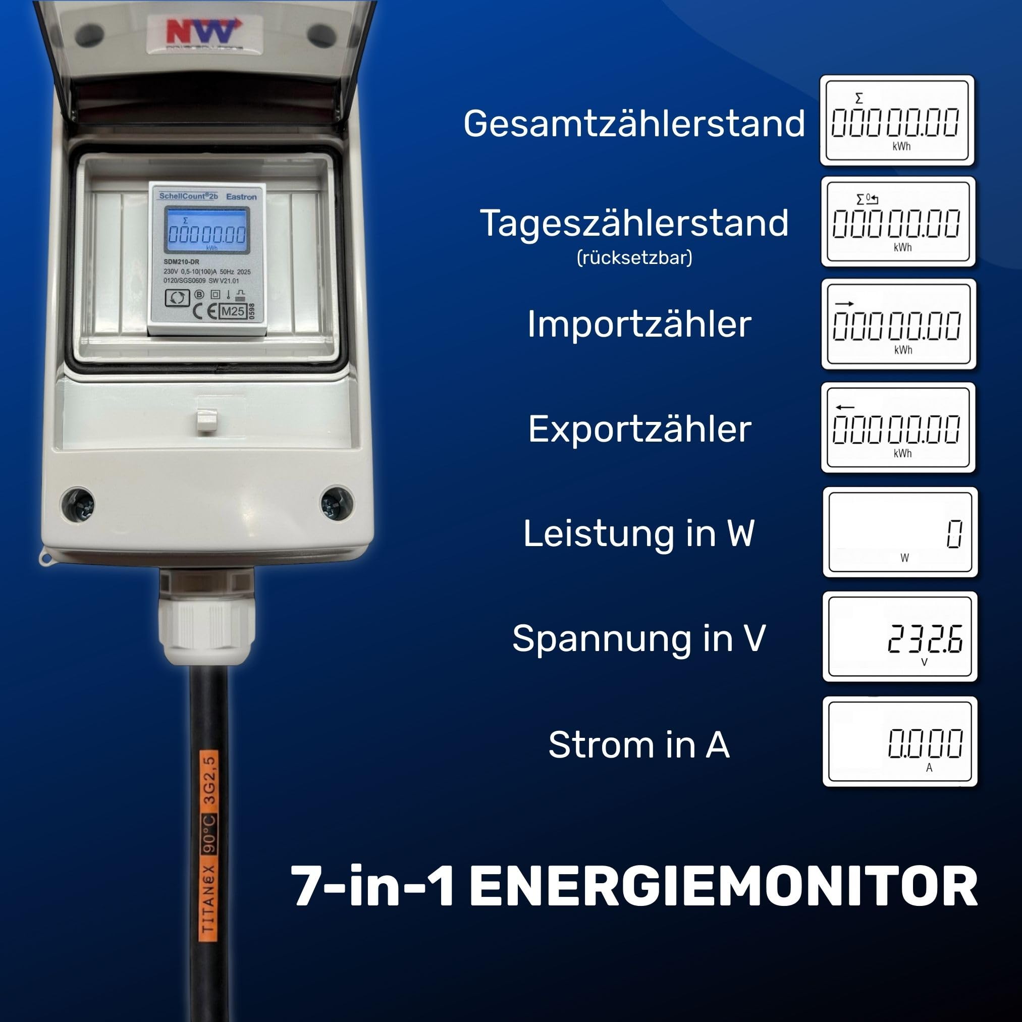 NWP Mobiler Schuko Stromzähler 230V digital MID-geeicht IP54 16A Energiezähler