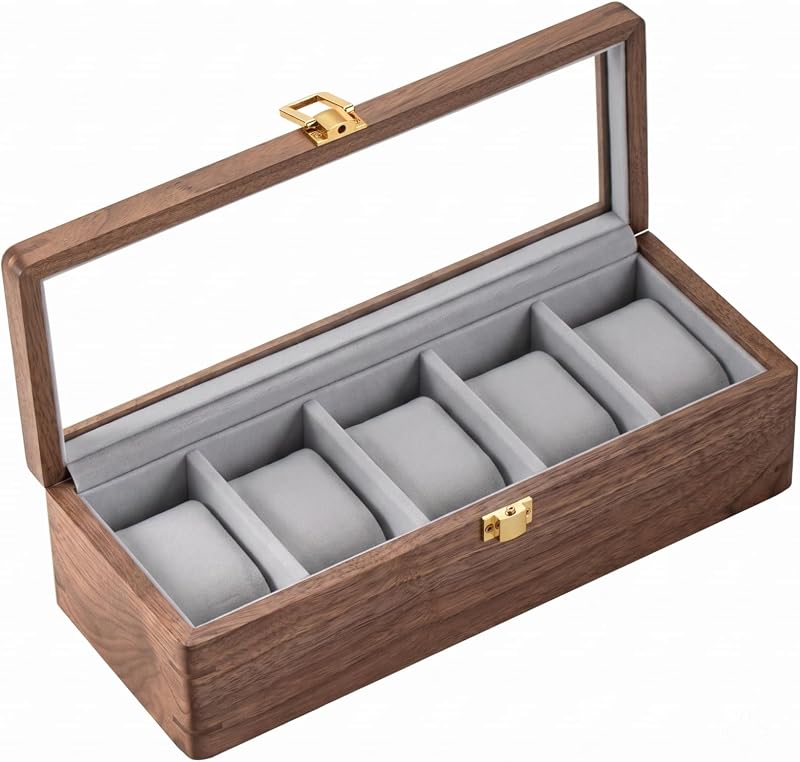 muso wood Walnut 5 Slot Watch Box with Glass Lid for Men | Premium Watch Storage Display Case, Perfect Watch Holder Gift for Men