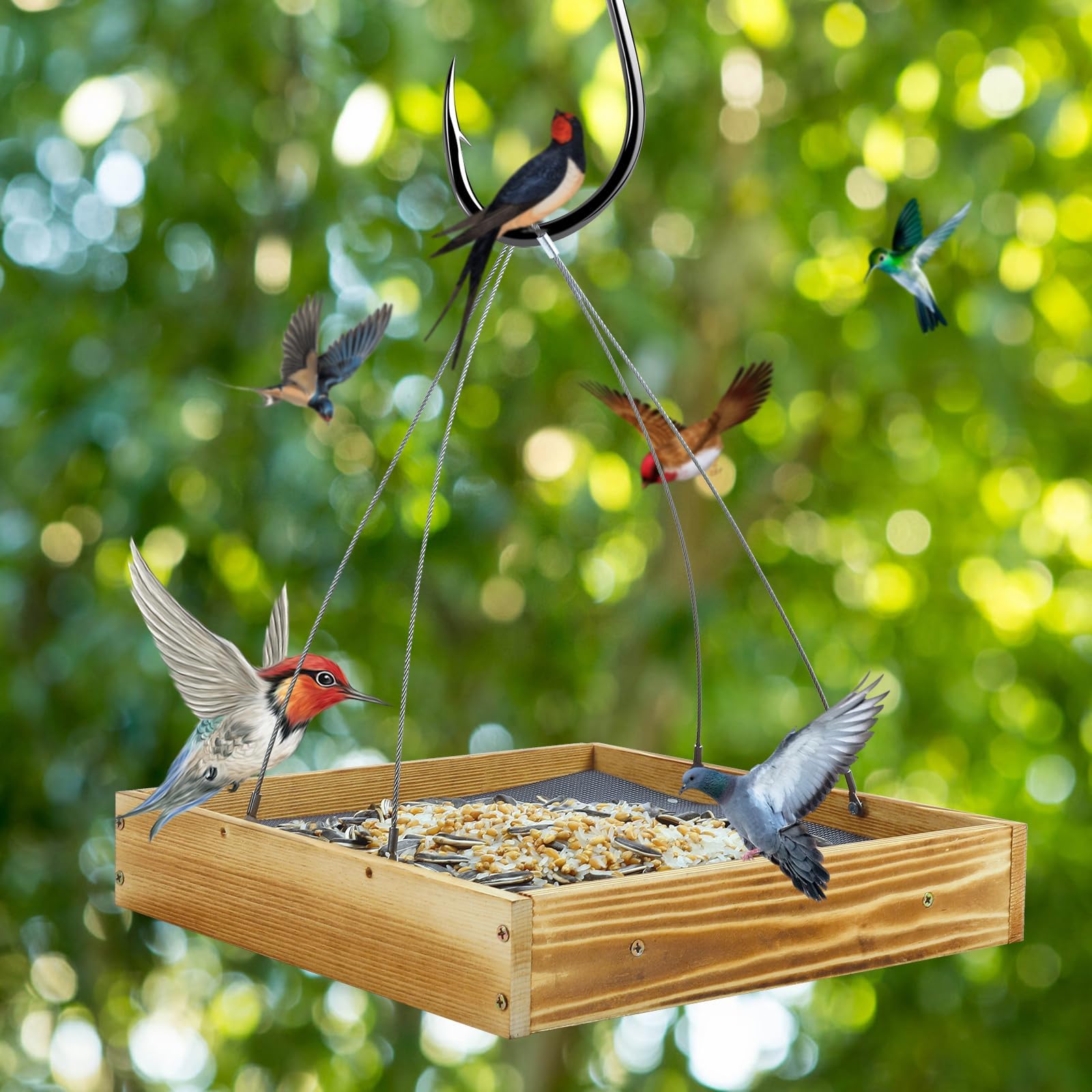 Robuste Zedernholz-Plattform, Vogelfutterspender, Edelstahl-Kabelgeflecht, zum Aufhängen, für den Garten und draußen, langlebig, wetterfest, 3/4 (Selbstmontage erforderlich), 2 Stück