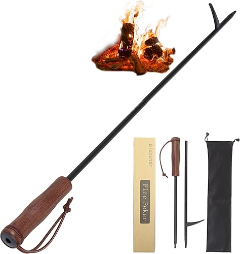 Fire Poker - Póker plegable de 34 pulgadas 2 en 1 con mango ergonómico de madera, póquer portátil para fogata, estufa de leña y barbacoa