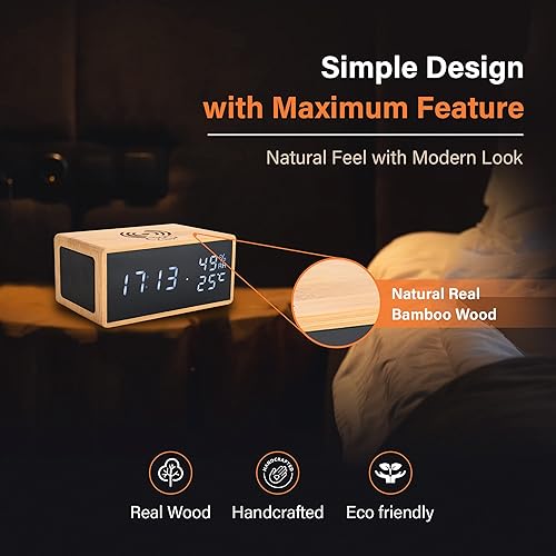 Miniatura 3 de OTGMPIREX Reloj despertador digital de madera personalizado con carga inalámbrica para iPhone relojes despertador 100 atenuador para dormitorios