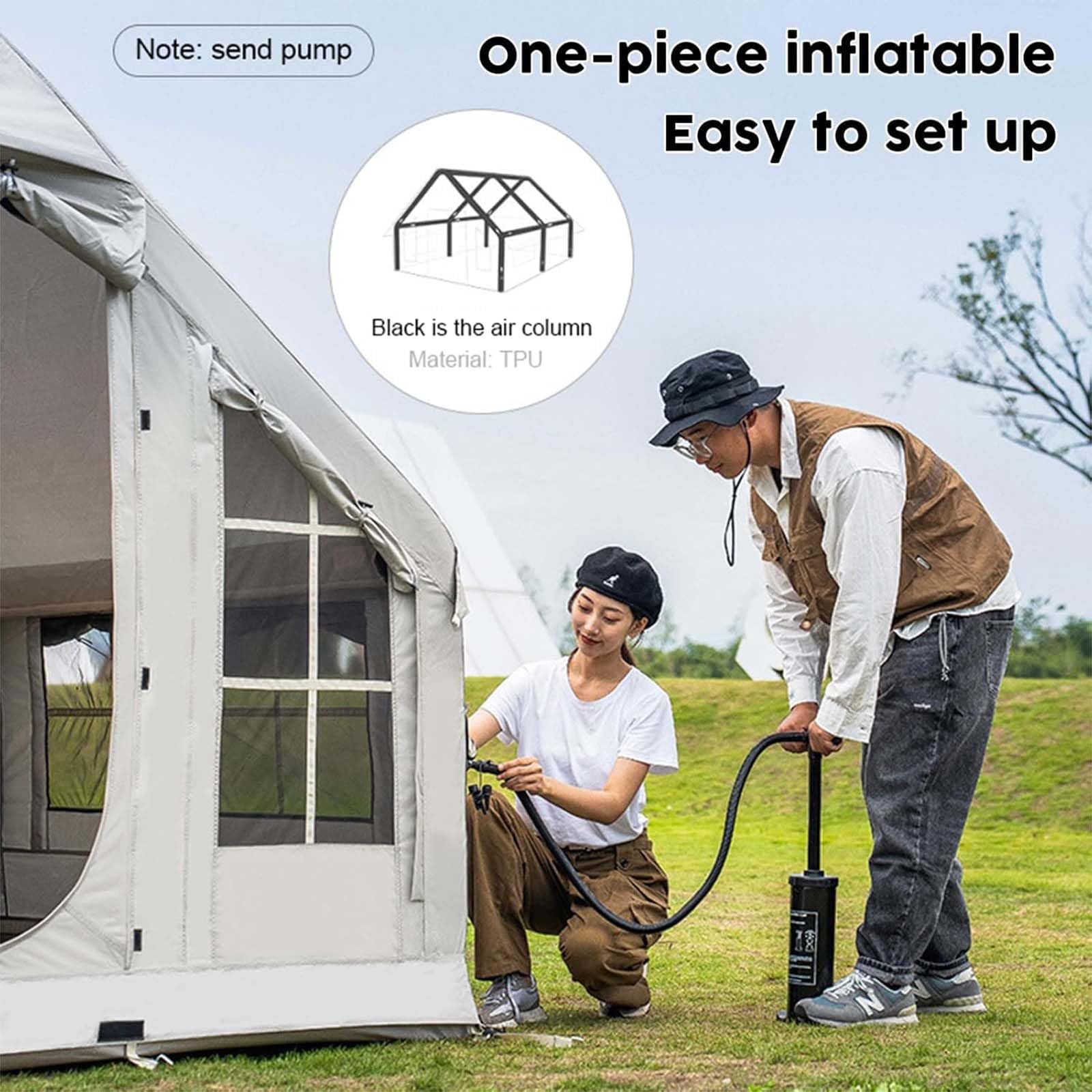 Tenda da campeggio gonfiabile per 6-8 persone, facile da installare, con pompa manuale, finestre in rete, foro per cric per stufa, perfetta per avventure all'aria aperta