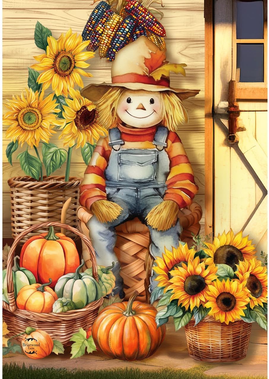Friendly Scarecrow Autumn House Flag Pumpkins Owl Fall 28" x 40" Briarwood Lane