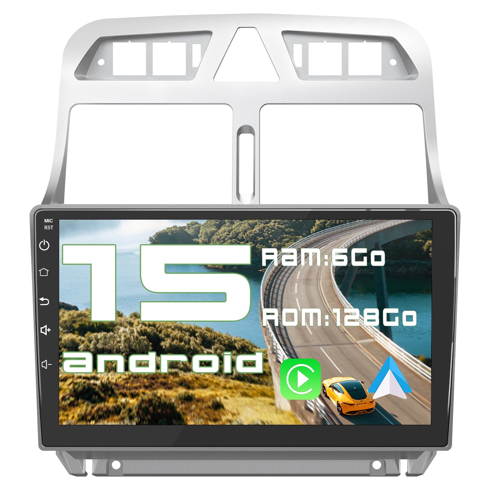 AWESAFE Autoradio Android 15 pour Peugeot 307 307CC SW (2002-2013) [6Go+128Go] avec CarPlay sans Fil/Android Auto 9" écran Tactile, Wi-FI/GPS/FM/RDS/DSP, Commandes au Volant