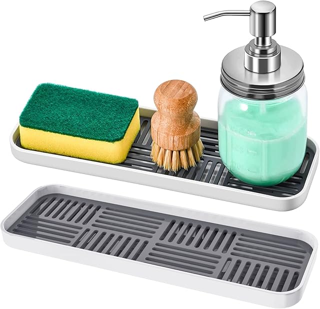 OMEW 2 Pack Kitchen Soap Sponge Tray, Multi-function Soap Dish Sponge Holder Double Layer Sink Organiser Drying Rack for Bathroom Kitchen Counter