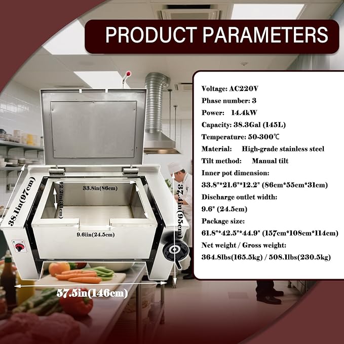 Sartén Eléctrica Inclinable 145L 14.4KW 220V Acero Inoxidable miniatura 8
