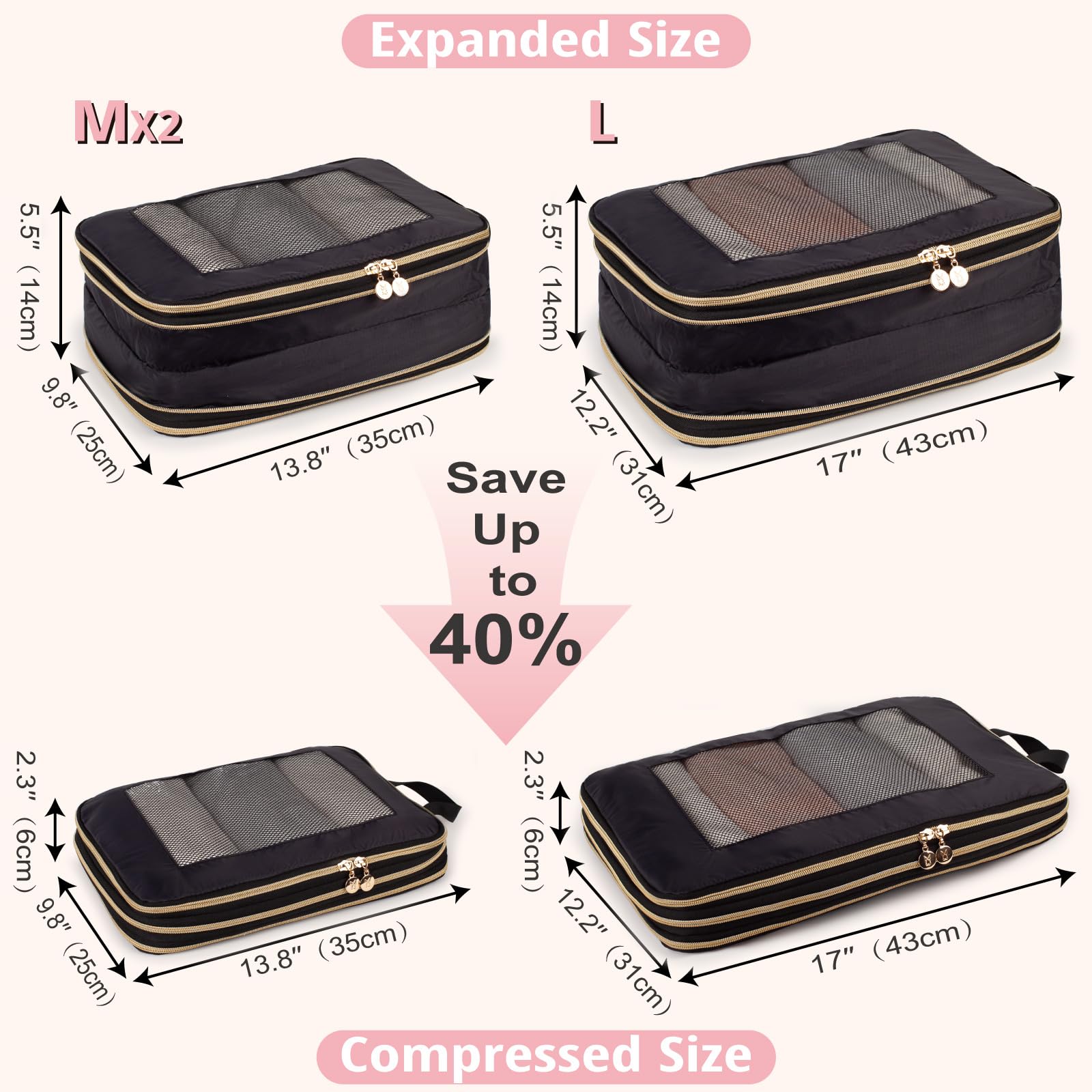 Cubo da imballaggio a compressione espandibile su entrambi i lati, set da 3 pezzi, leggero, a doppio ponte, borsa organizer per bagagli, zaini, valigie, accessori da viaggio da donna per vestiti