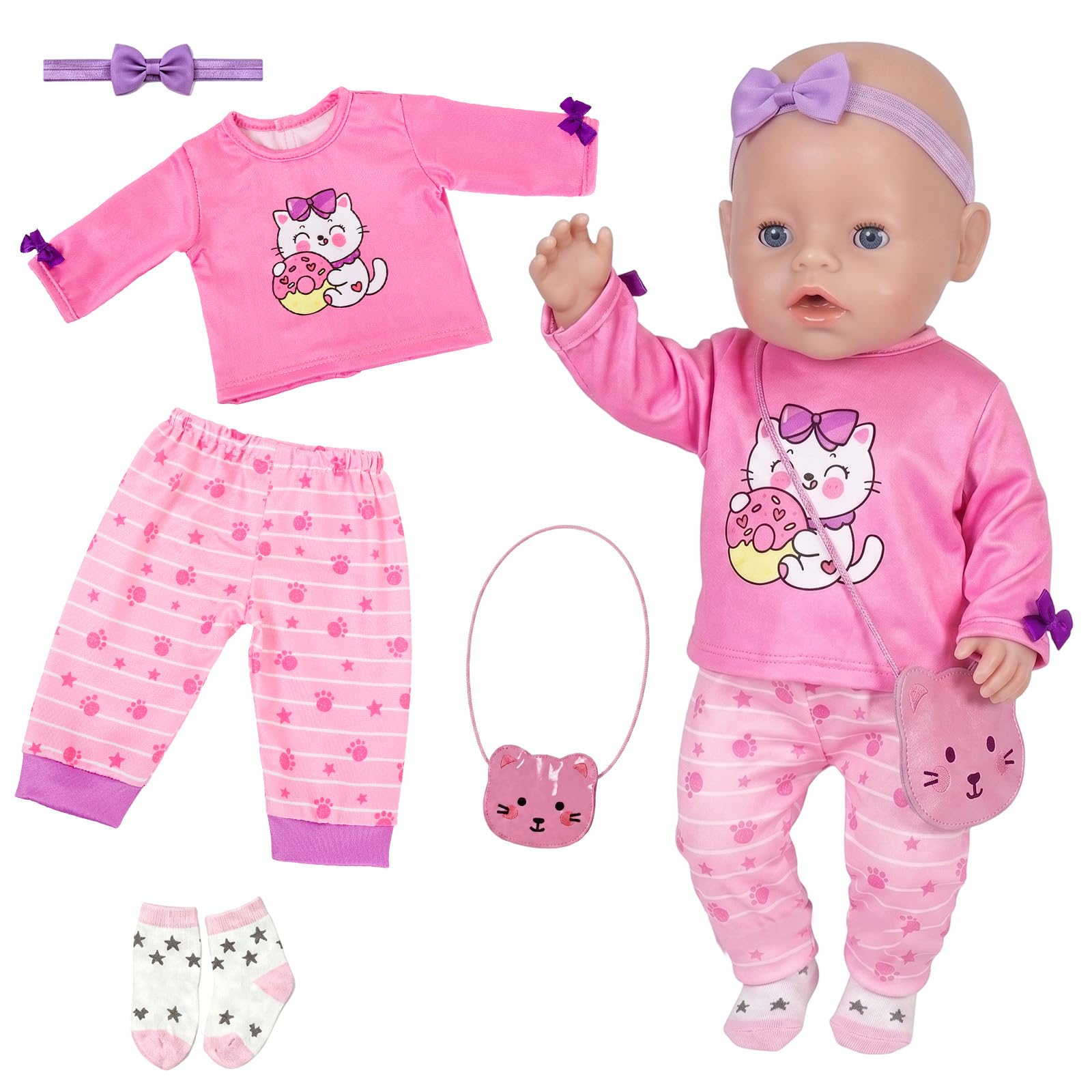 Puppenkleidung für 35-43cm Baby Puppen, 6-teiliges Puppen Outfit Set mit Katzen Oberteil Hose Haarband Umhängetasche Socken Kleiderbügel, Süße Baby Puppen Kleidung Zubehör für Mädchen