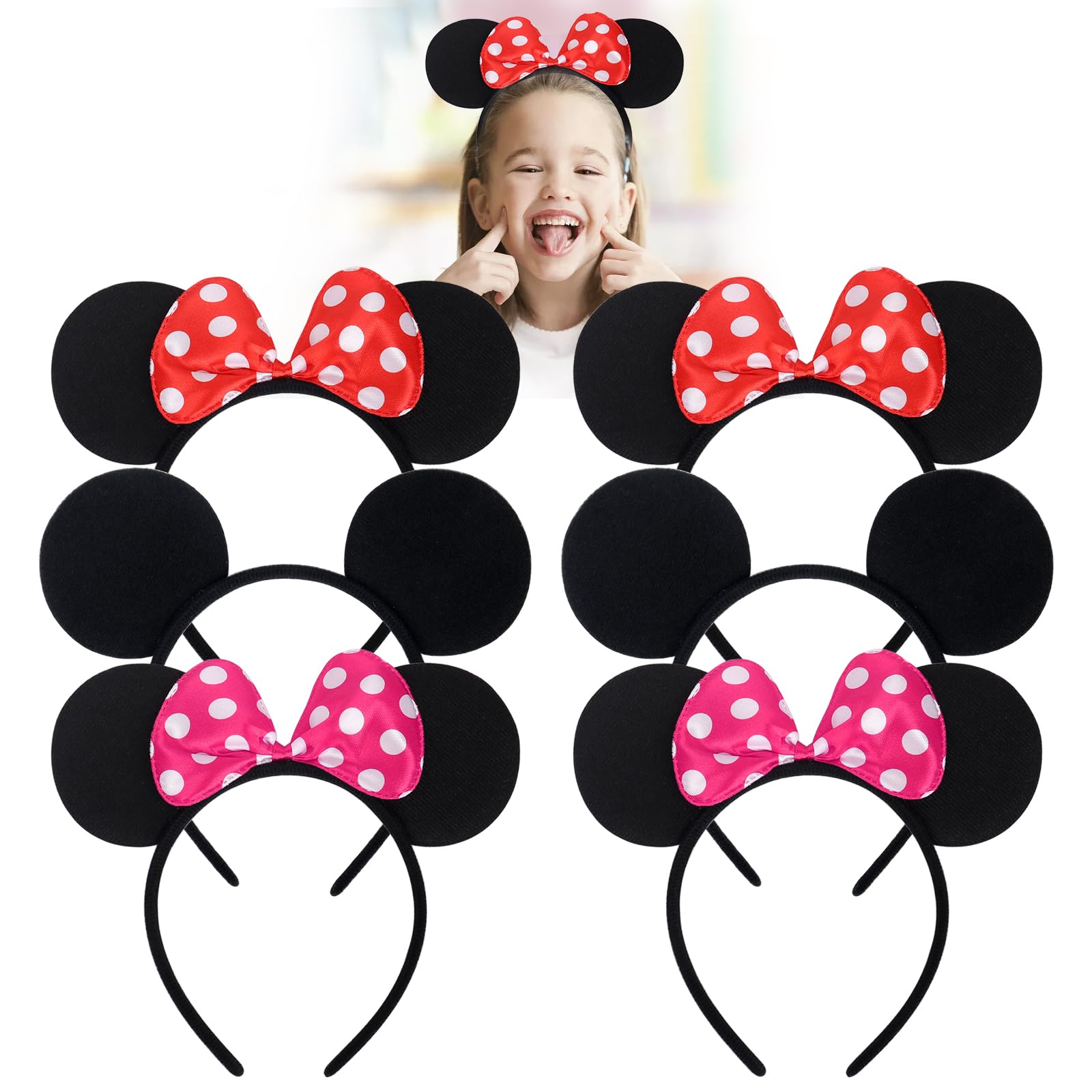 shengo 6Pcs Black Mickey Mouse Ears & Minnie Mouse Ears on Alice Band with Red and White Polkadot Spotted Bow for Adults/Children Fancy Dress Costume Head Band Accessory Party Decoration Gift