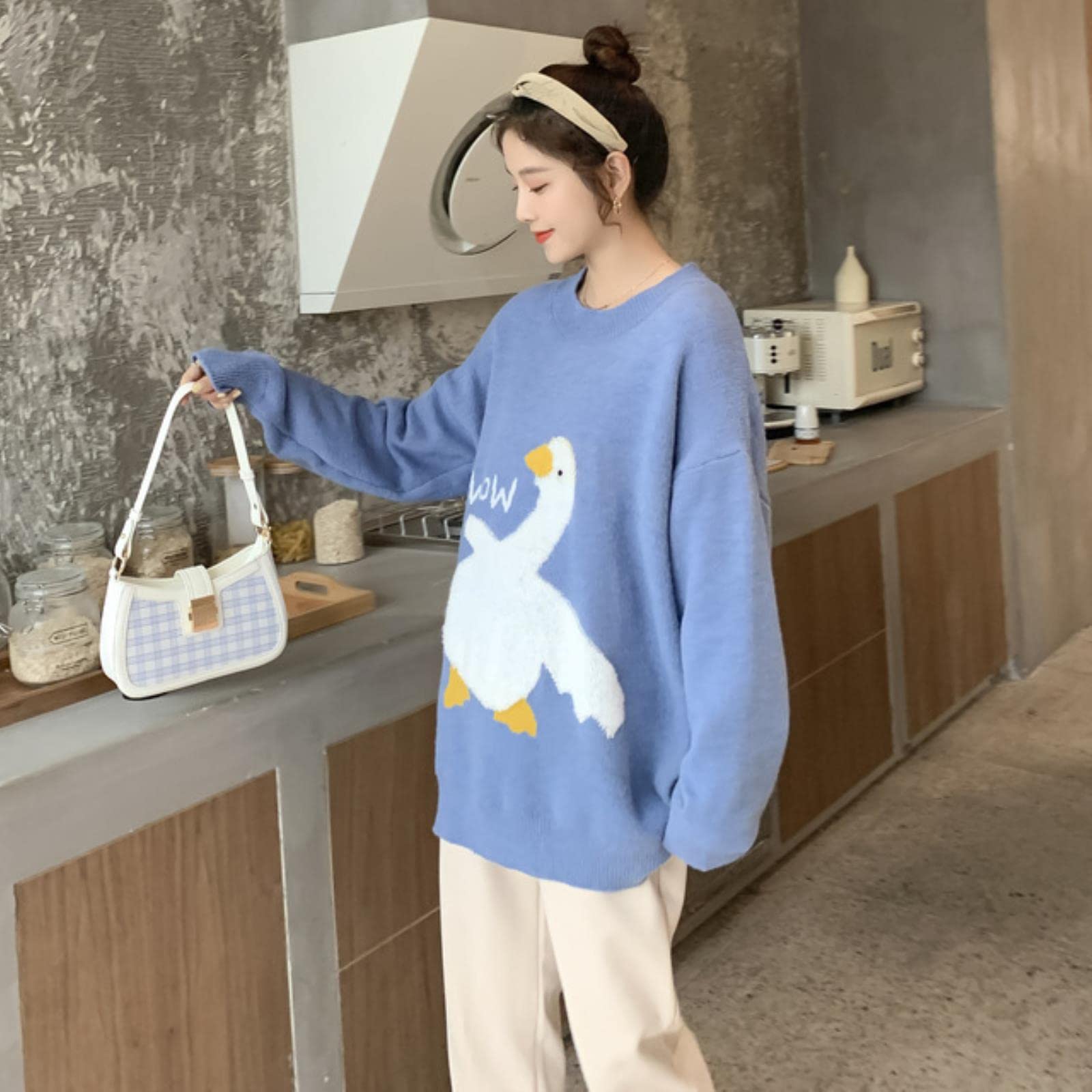 Dames Herfst Winter Cartoon Duck Patroon Gebreide truien Harajuku O-Collar Roze Blauw Losse Trui Mode Vrouwelijke Trui-L,Blue