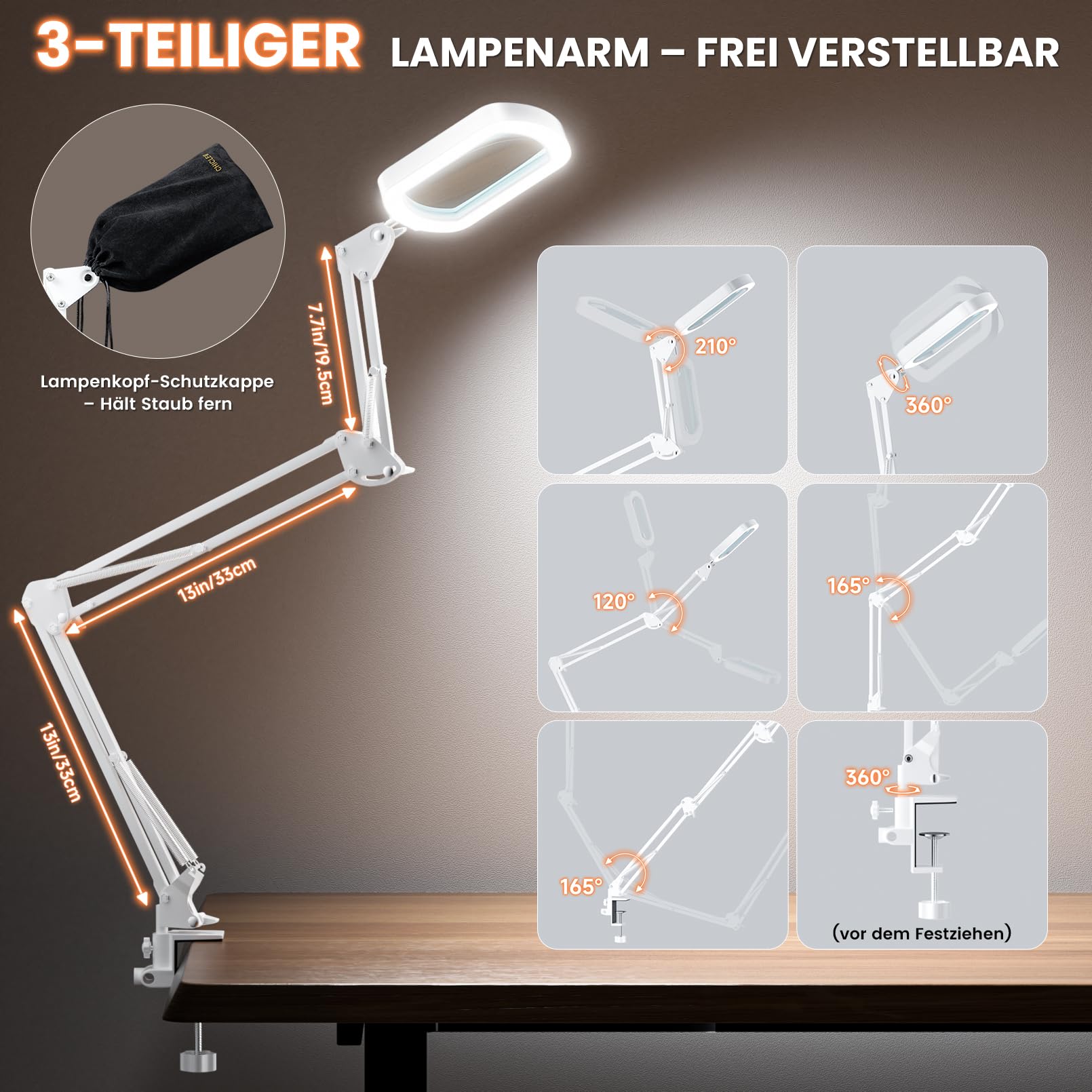 10X Rechteckige Lupe mit Licht und Klemme, Weiß Lupenlampe mit 5 Farbmodi | Teleskopverstellung, Freisprechfunktion, Große Lupe mit Licht und Ständer für Lesen, Handwerk, Feinarbeiten