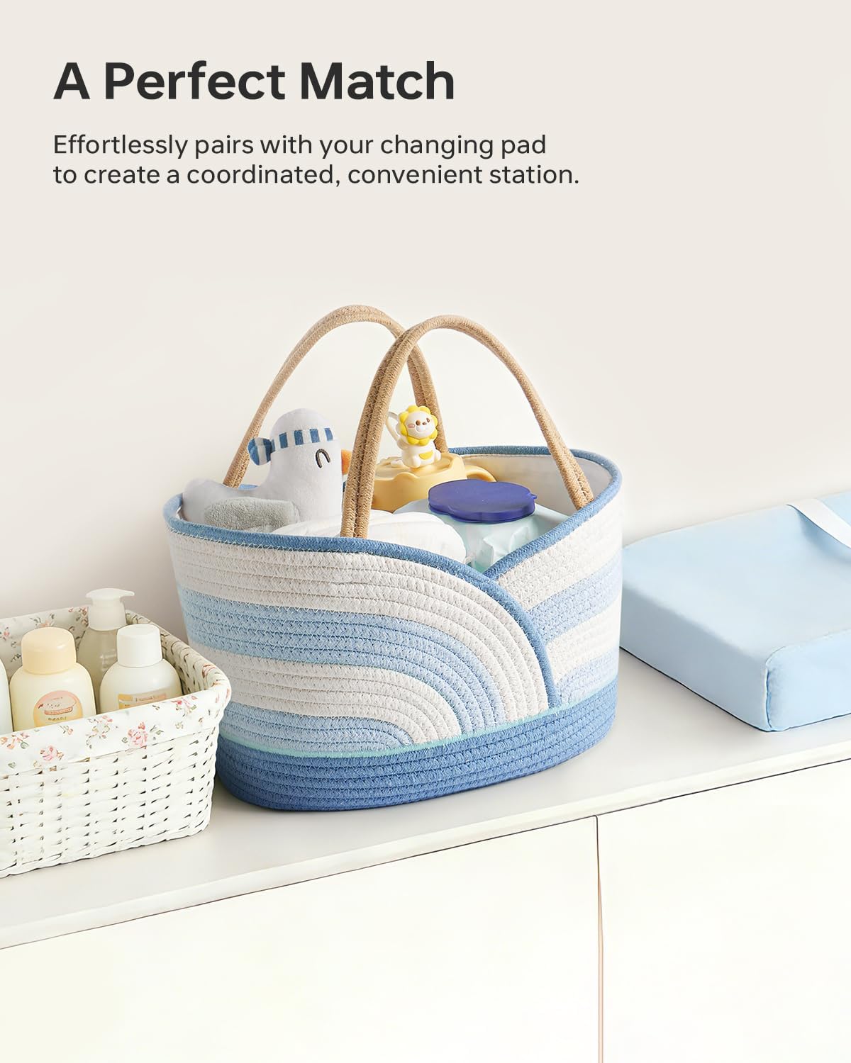 Baby Diaper Caddy Organizer - Portable Cotton Rope Diaper Caddy Basket for Nursery, Gift for Baby Shower List, Storage for Diapers, Wipes, Toys & Newborn Essentials (Blue/White)