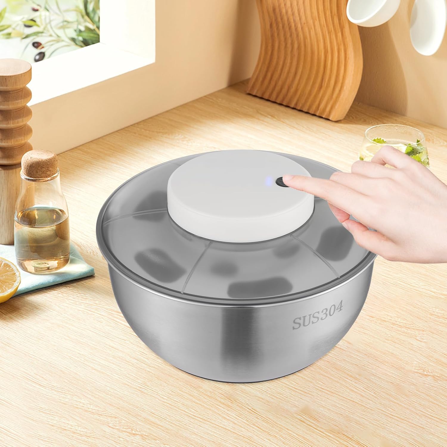 Electric Salad Spinner 5-Quart Lettuce Spinner, 304 Stainless Steel Fruit Washer spinner dryer w/Bowl & Colander,Vegetable Washer Dryer