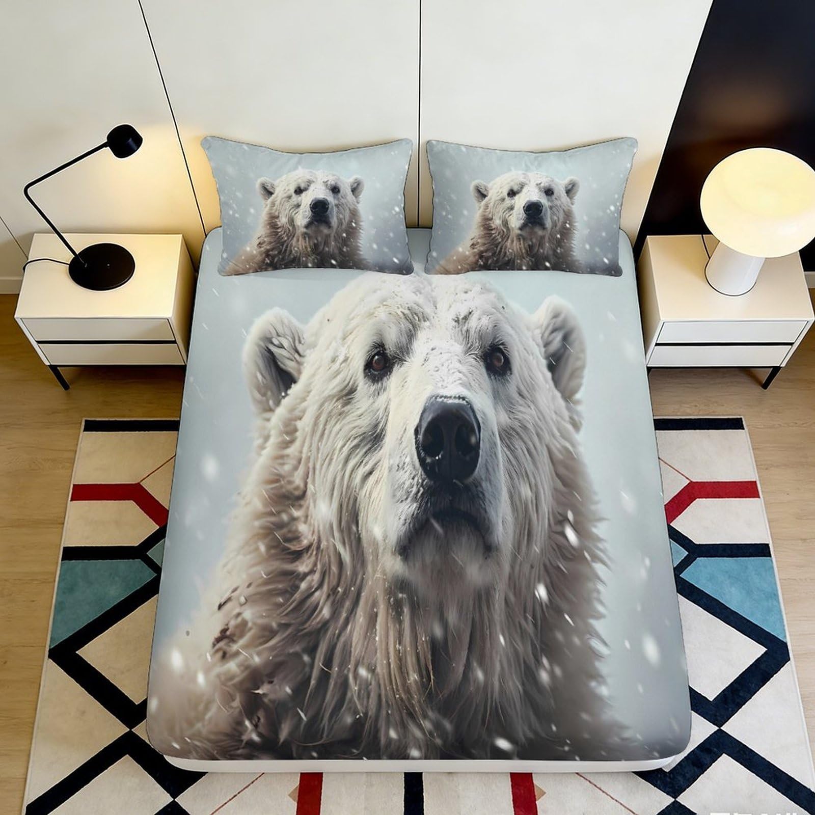 3D Printed Polar Bear Fitted Sheet Microfiber Soft Breathable Snow Forest Bed Cover for Bedroom Dorm Mattress Decor 90x200x25cm