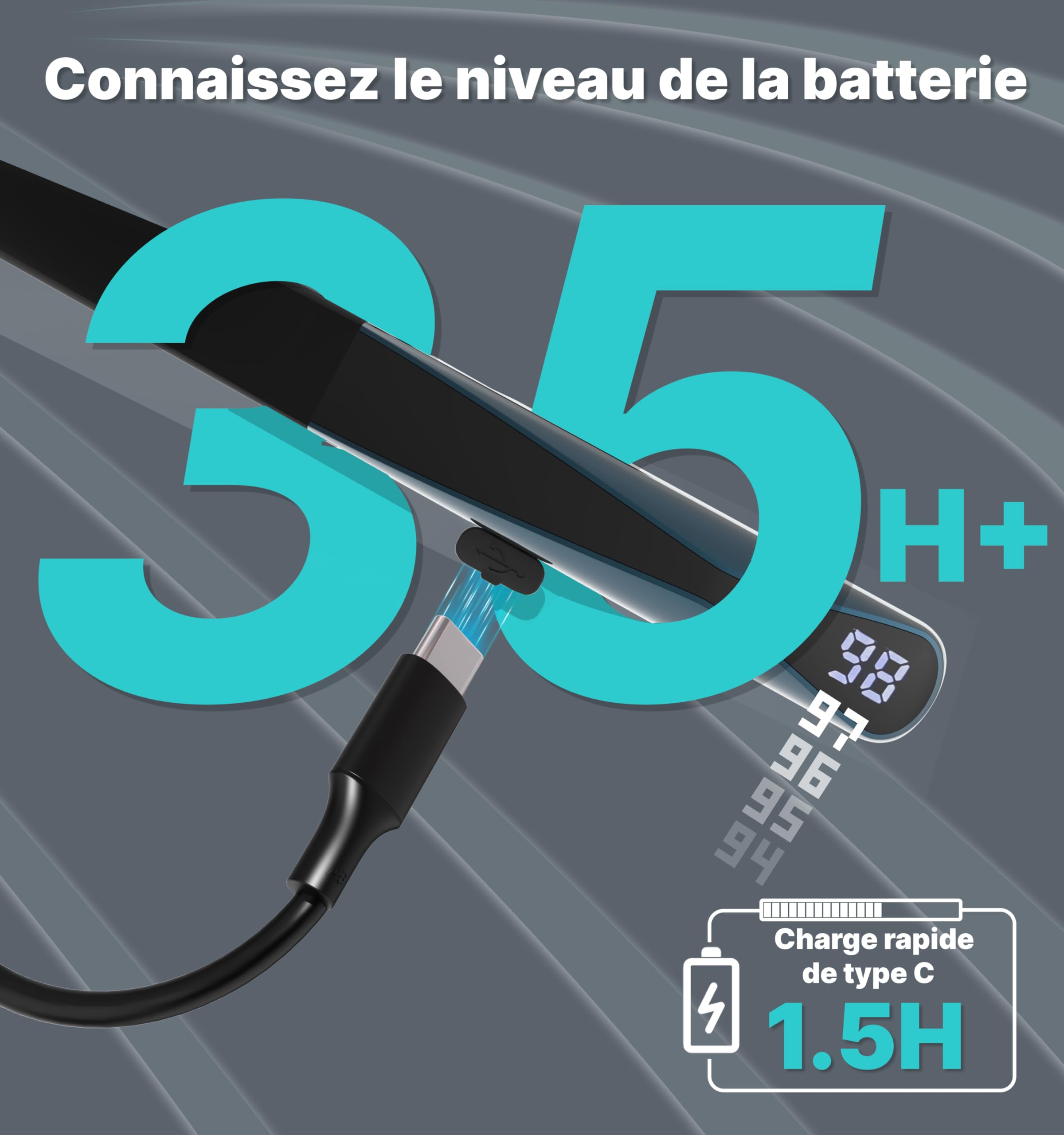 Hmusic H08 Casque Tour de Cou Bluetooth 6.0 sans Fil | Retour audio en temps réel, 35H Autonomie, IPX5 étanche, Affichage Numérique LED, Écouteurs magnétiques