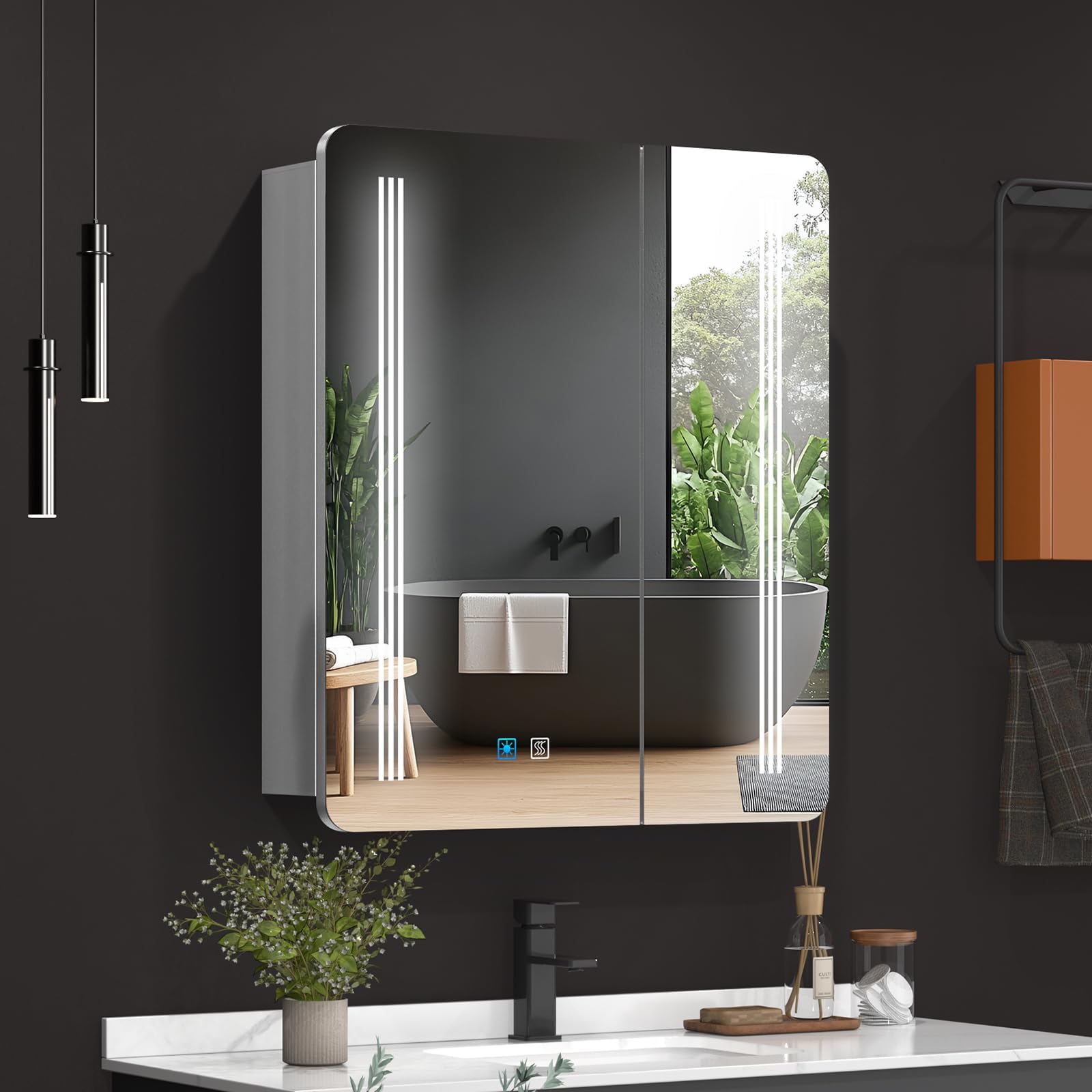 Bathroom Mirror Cabinets with Lights and Shaver Socket 60x70cm, 2-Doors Mirrored Medicine Cabinet Wall Mounted with 3 Colour Lighting, Anti-Fog, LED Dimmer Silver Grey for Spacing Saving