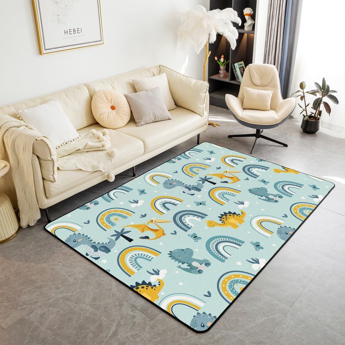 Erosebridal Cartoon Dinosaur Area Rug for Kids Teens,Flying Butterflies Carpet 5x7,Blue Yellow Rainbow Striped Indoor Floor Mat,Palm Plants Stars Pattern Decorative Accent Rug Non Slip