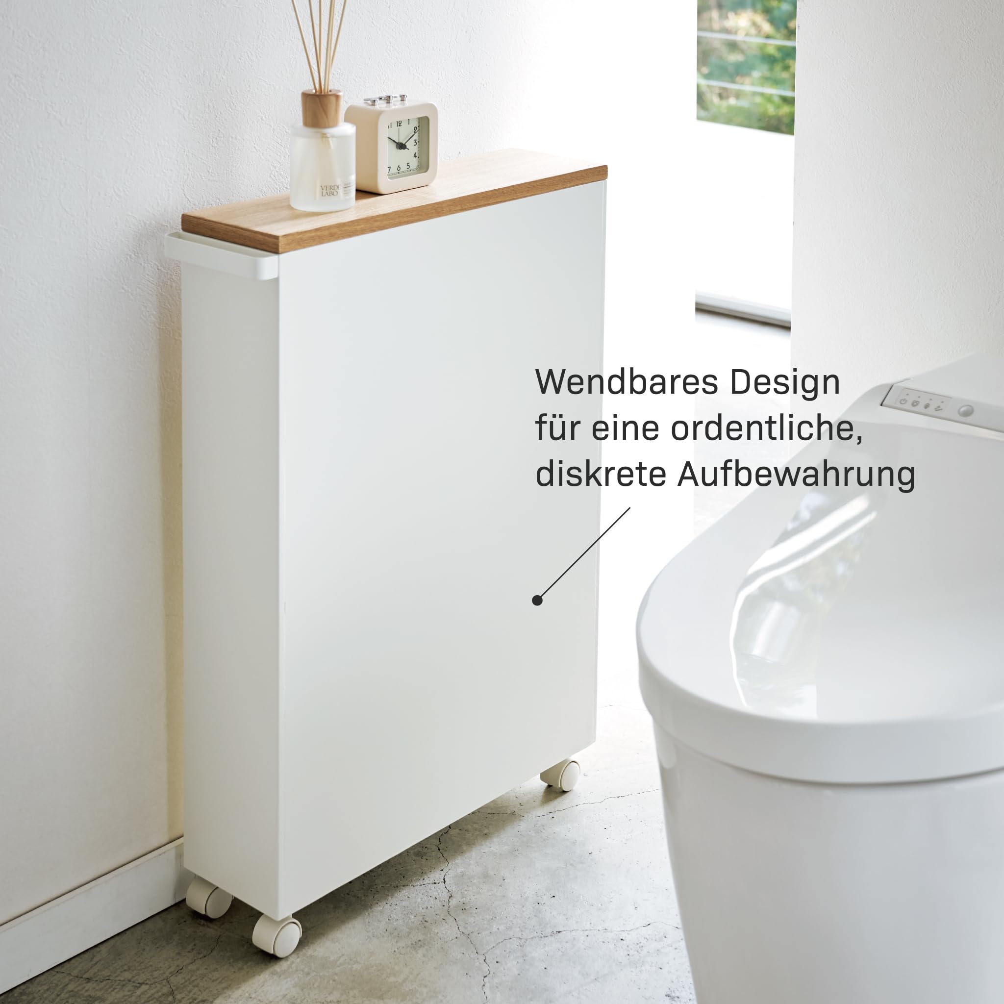 YAMAZAKI Tower Halbgeschlossener Aufbewahrungswagen aus Stahl - mit Holzablage/Rollen, schmal, modern - 47,5 x 13 x 68 cm, Japanisches Design, weiß