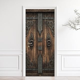 Vintage Carved Wooden Door 3D Door Mural Peel, Wooden Door Door Stickers...